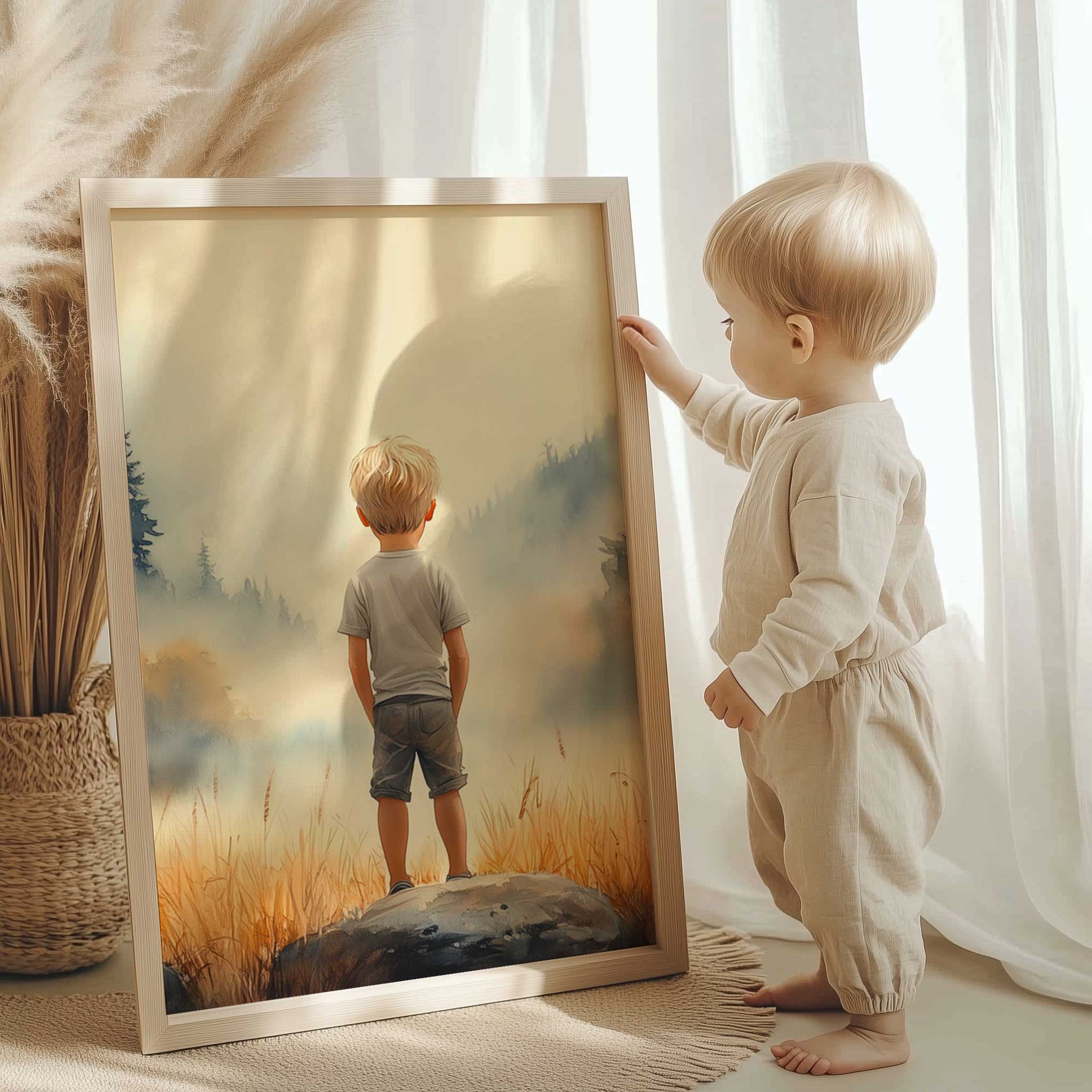 Jongen op de rots: Serene verwondering in het bos - Afbeelding 11