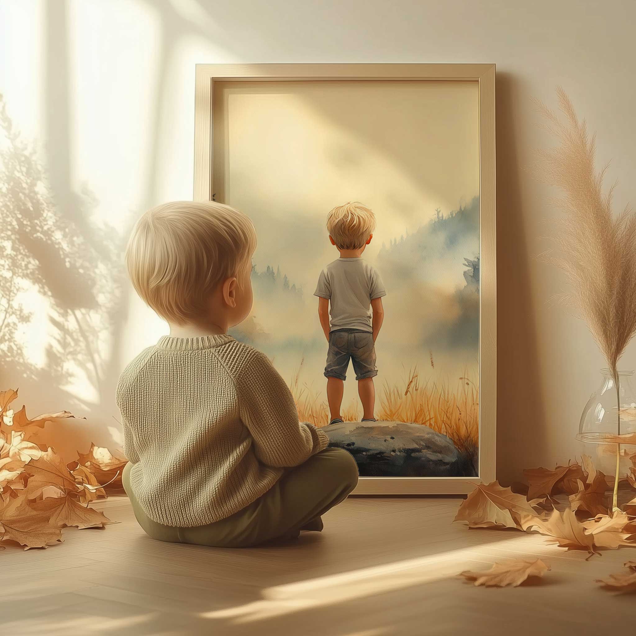 Jongen op de rots: Serene verwondering in het bos - Afbeelding 13