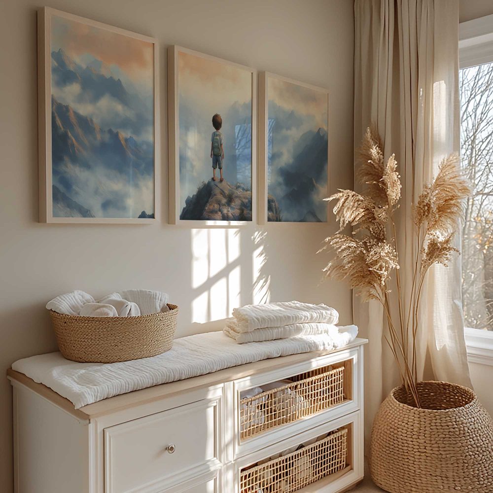 Alternative view of Dromerige jongen op rots met berguitzicht