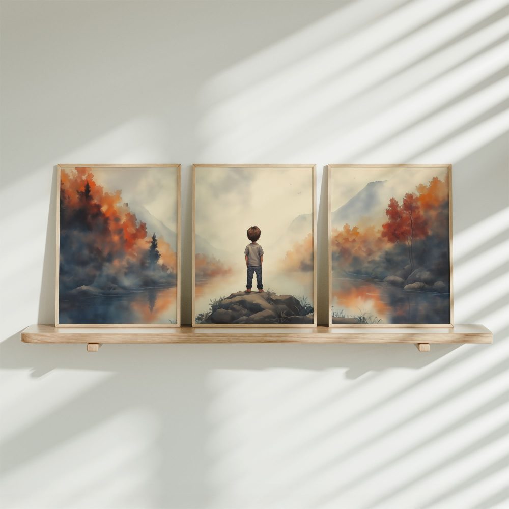 Avontuurlijke Jongen bij Rivier en Bergen