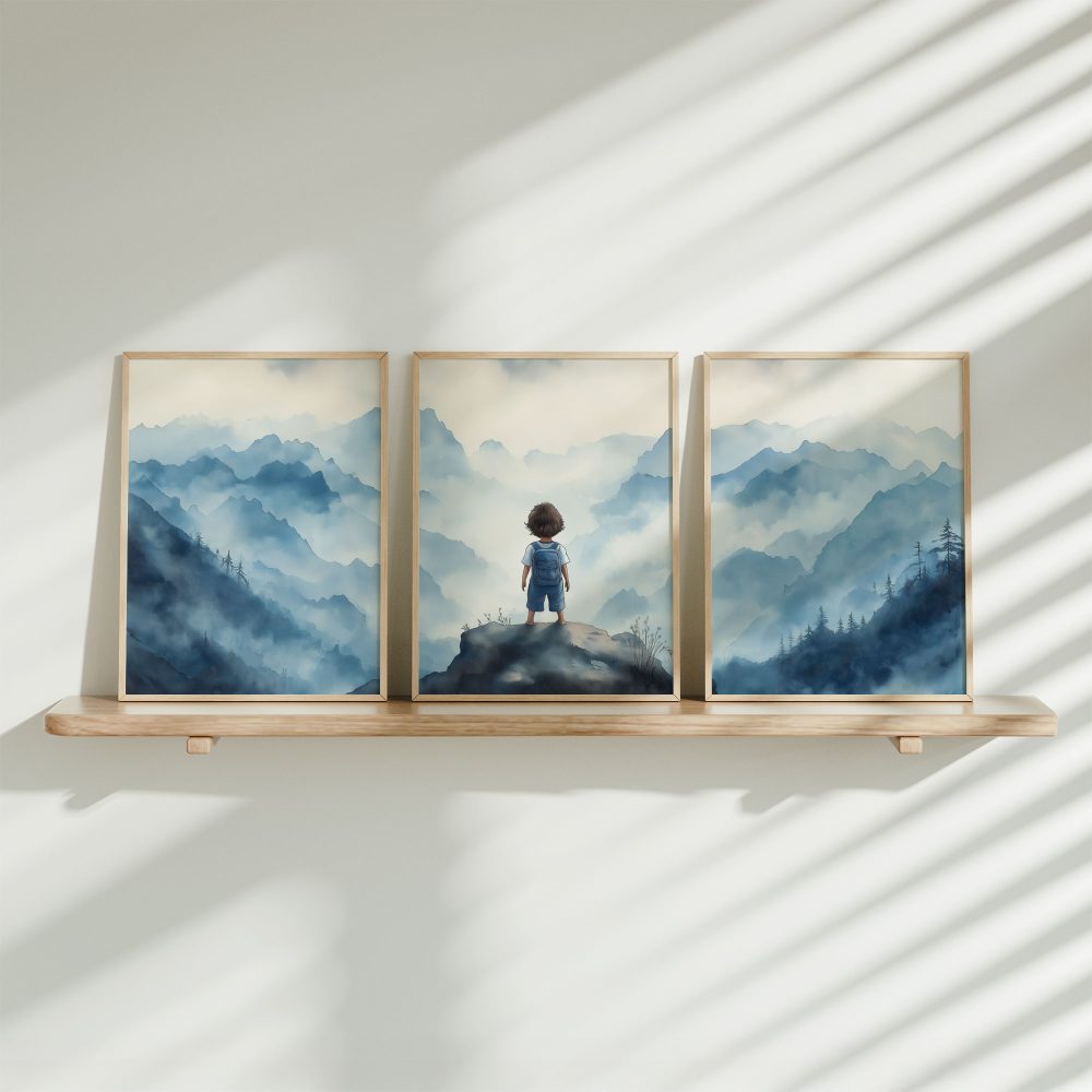 Jongen op rots - Dromerig berglandschap in waterverf