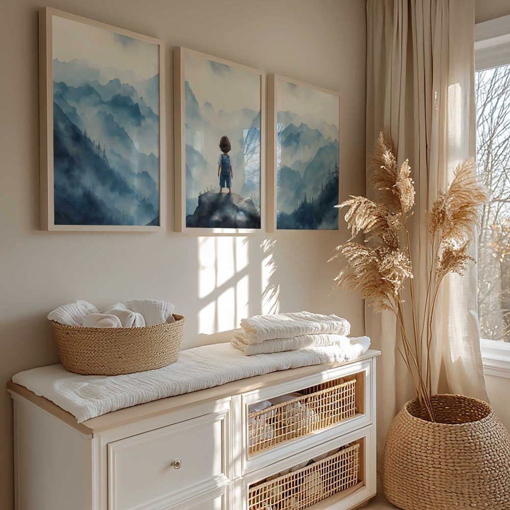 Alternative view of Jongen op rots - Dromerig berglandschap in waterverf