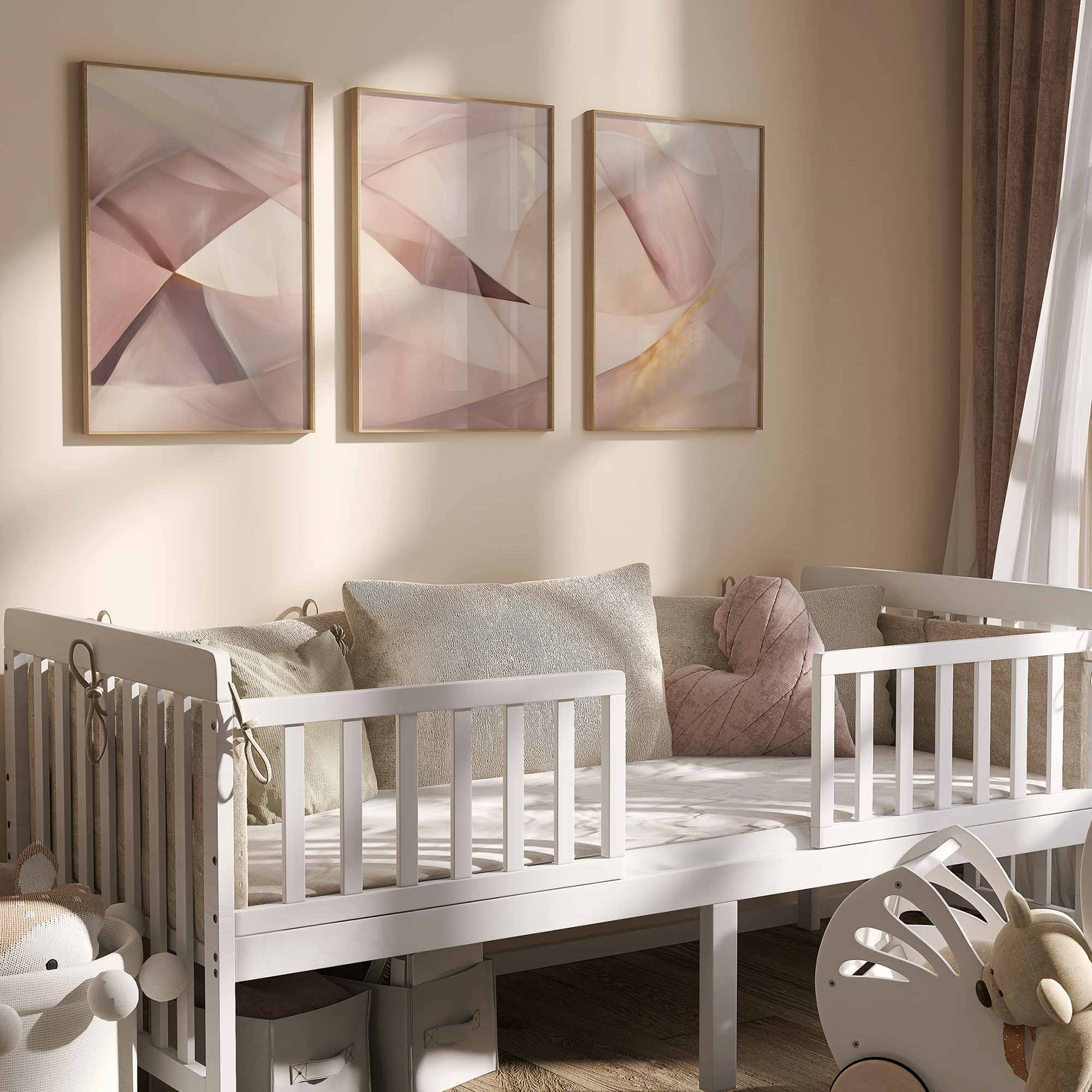Speelse Pink & Wit Abstracte Wanddecoratie met Dynamische Vormen - Afbeelding 2