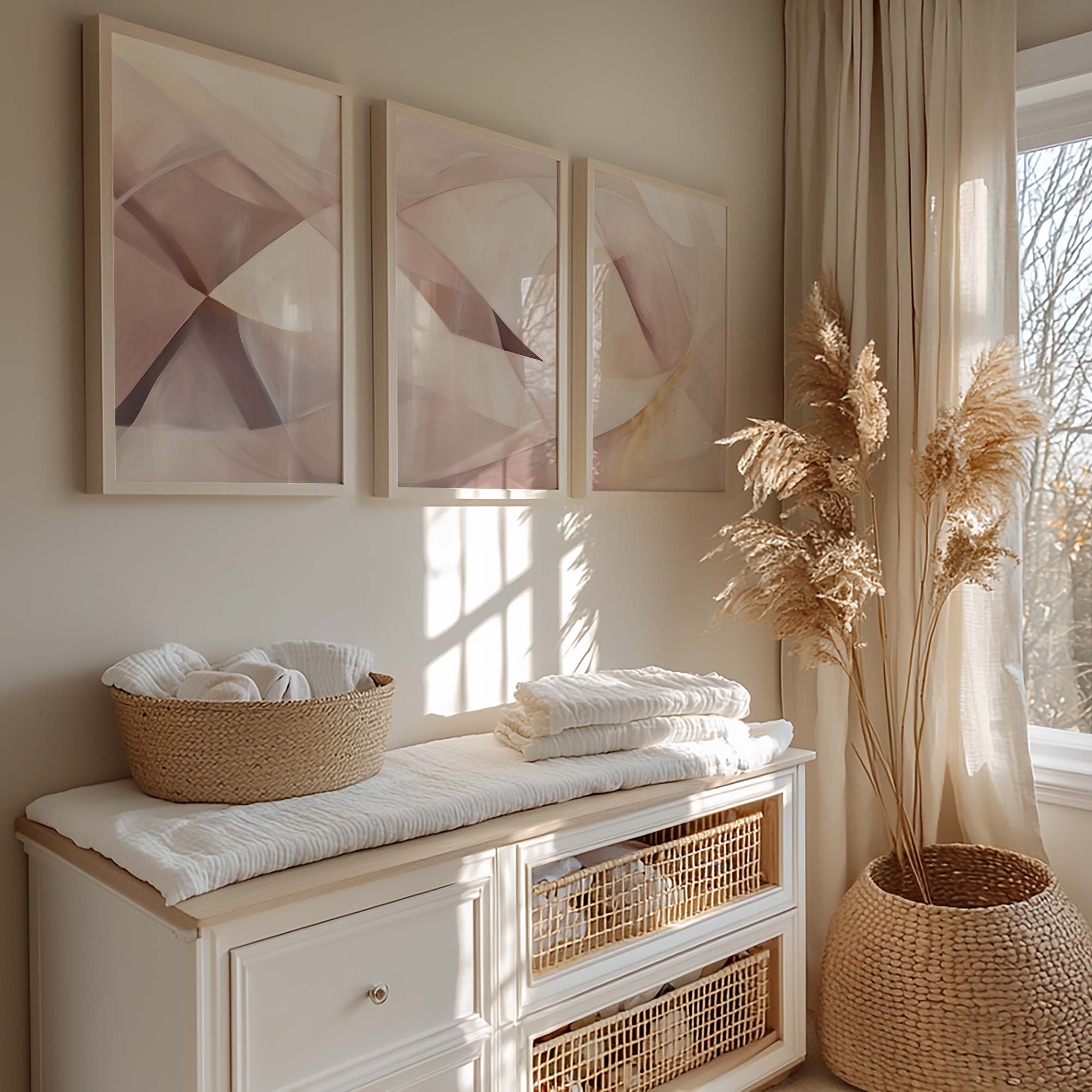 Speelse Pink & Wit Abstracte Wanddecoratie met Dynamische Vormen - Afbeelding 3