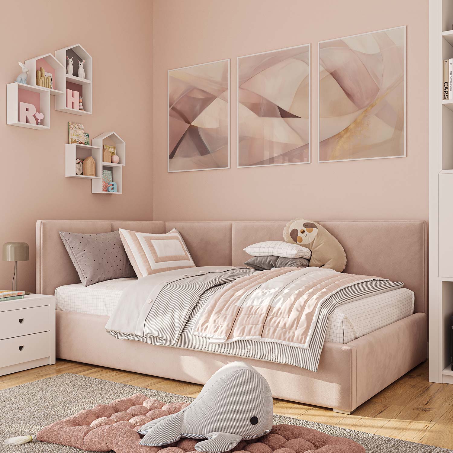Speelse Pink & Wit Abstracte Wanddecoratie met Dynamische Vormen - Afbeelding 12