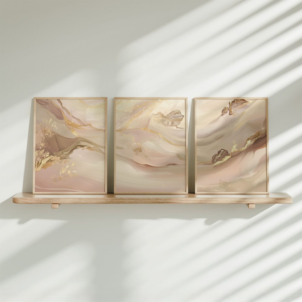 Pastel Roze Swirls met Gouden Accenten - Elegante Wanddecoratie