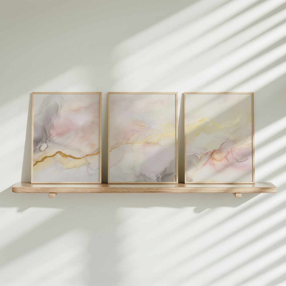 Pastel Dromen: Speelse Abstracte Wanddecoratie in Wit en Goud