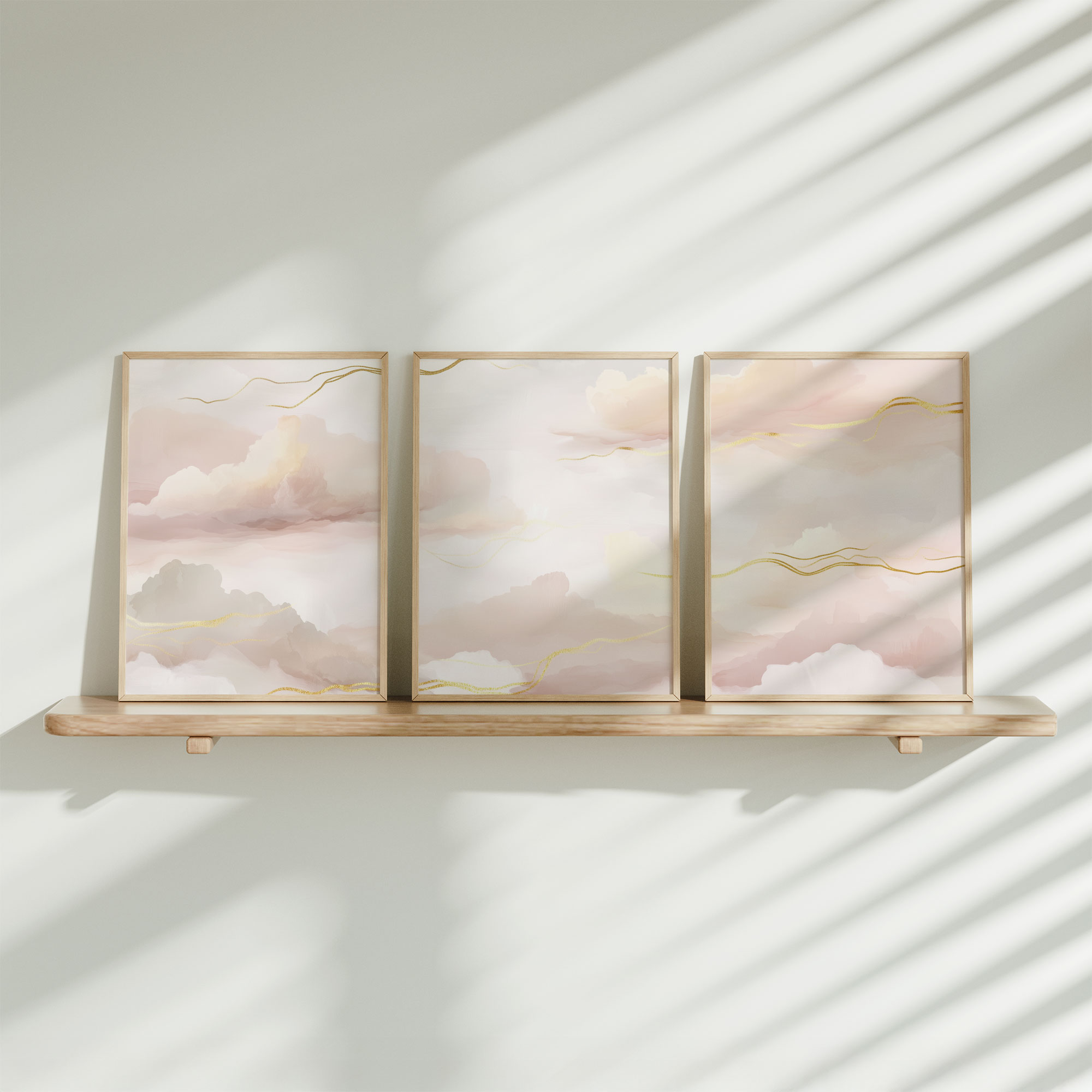 Roze Droomwolken met Gouden Strepen – Serene Wanddecoratie