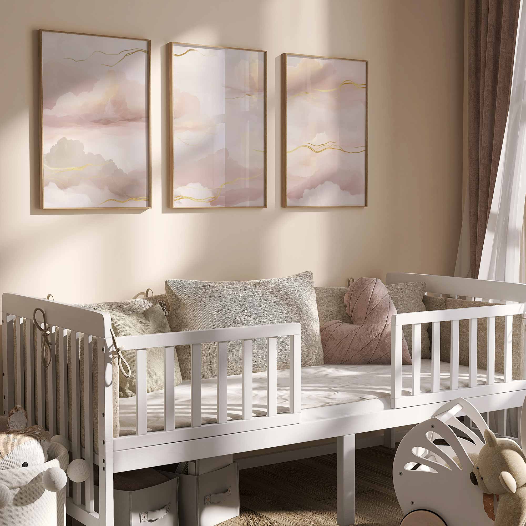 Roze Droomwolken met Gouden Strepen – Serene Wanddecoratie - Afbeelding 2
