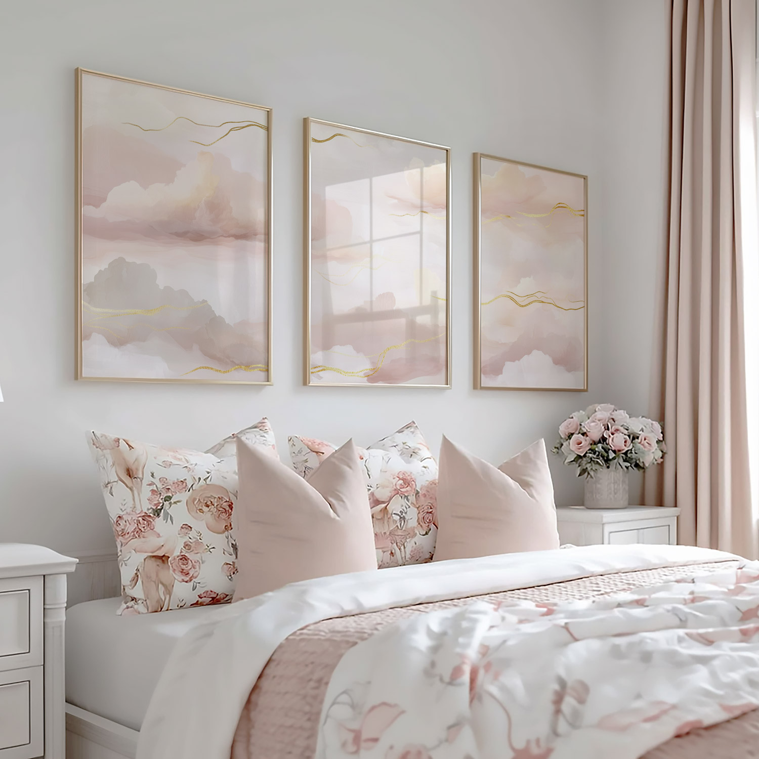 Roze Droomwolken met Gouden Strepen – Serene Wanddecoratie - Afbeelding 5