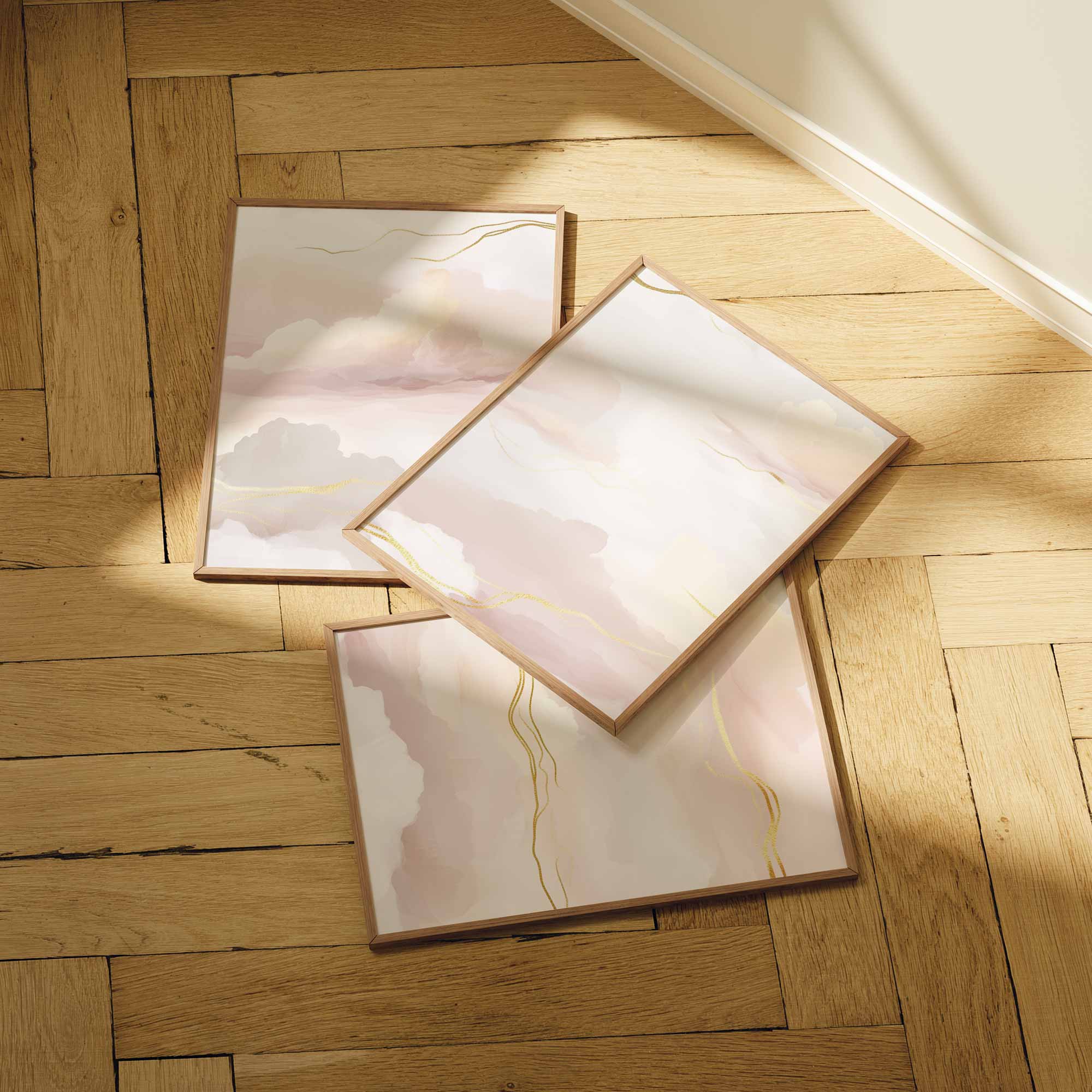 Roze Droomwolken met Gouden Strepen – Serene Wanddecoratie - Afbeelding 8