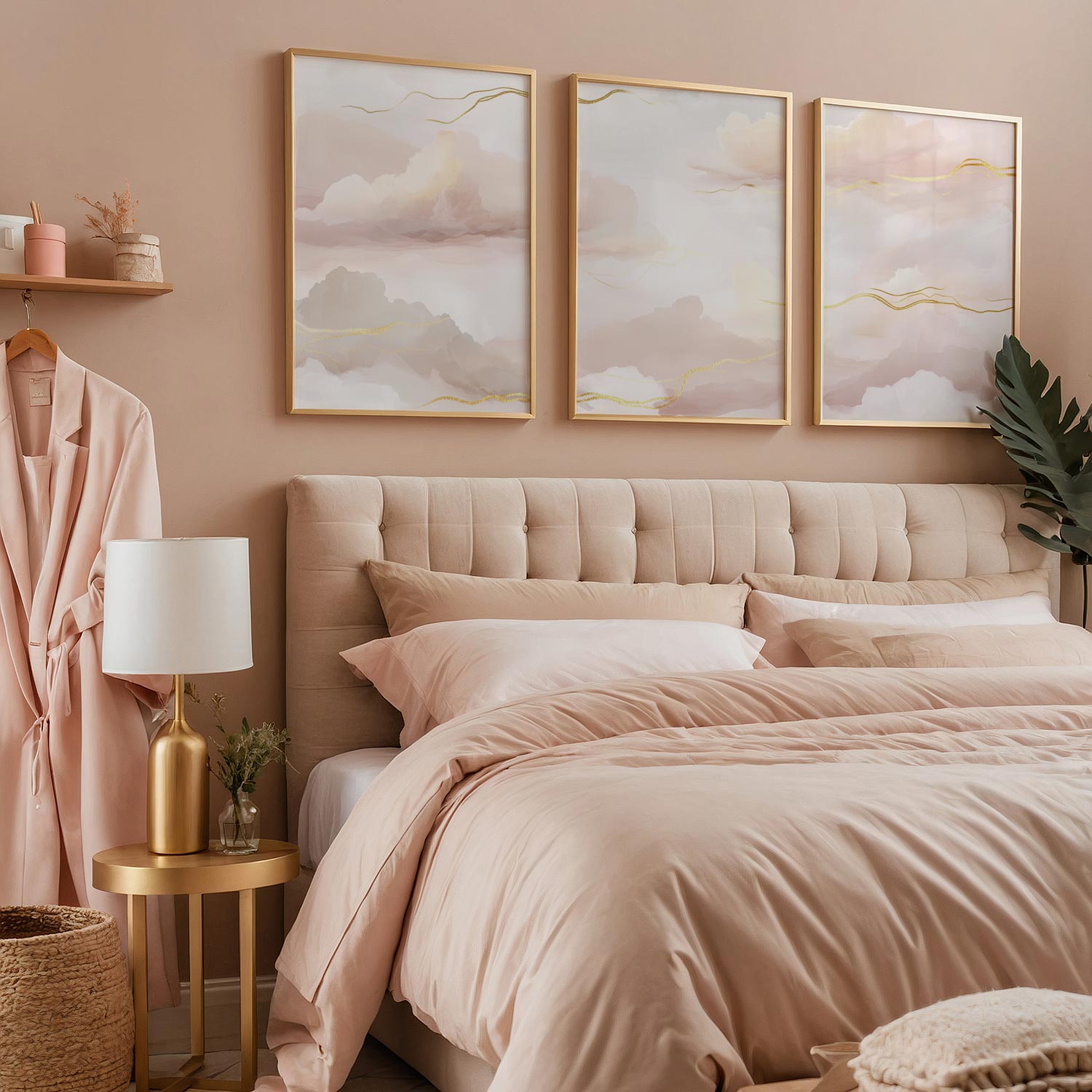 Roze Droomwolken met Gouden Strepen – Serene Wanddecoratie - Afbeelding 9
