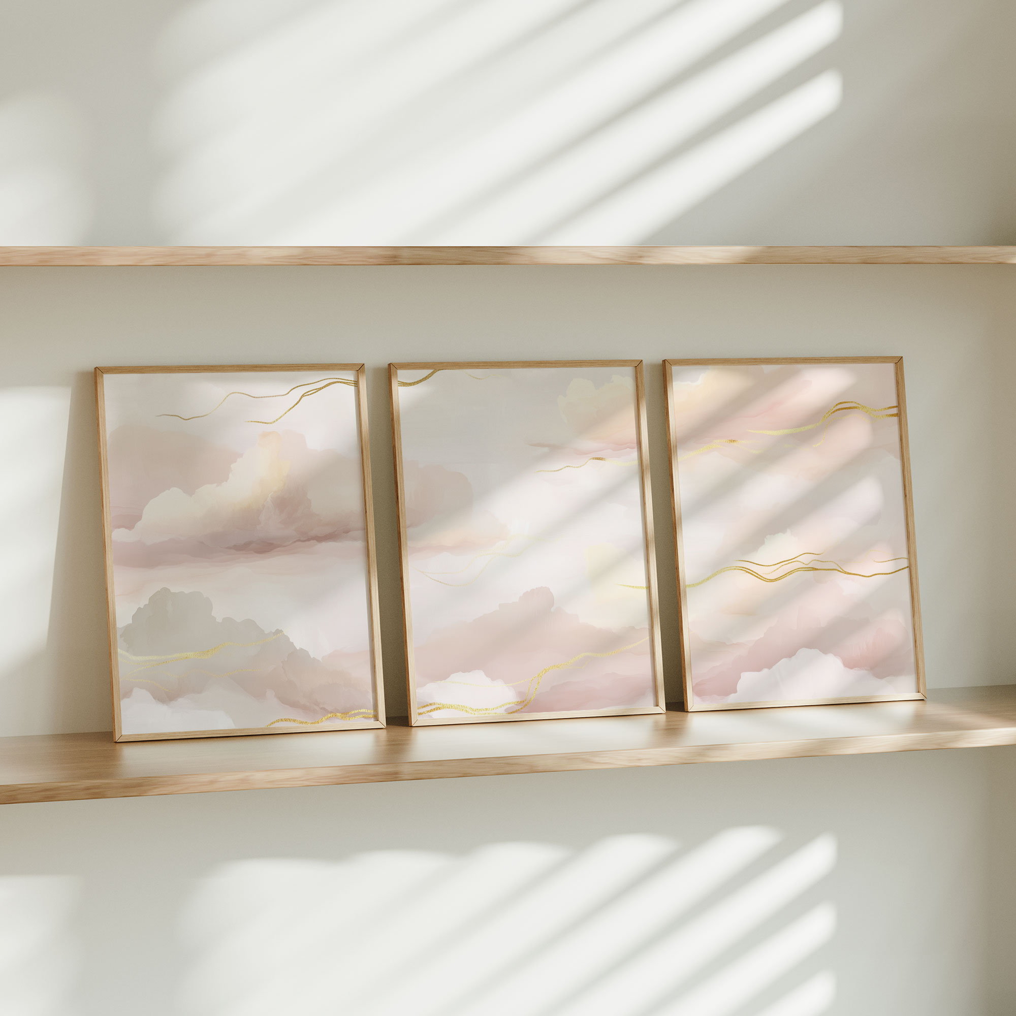 Roze Droomwolken met Gouden Strepen – Serene Wanddecoratie - Afbeelding 10