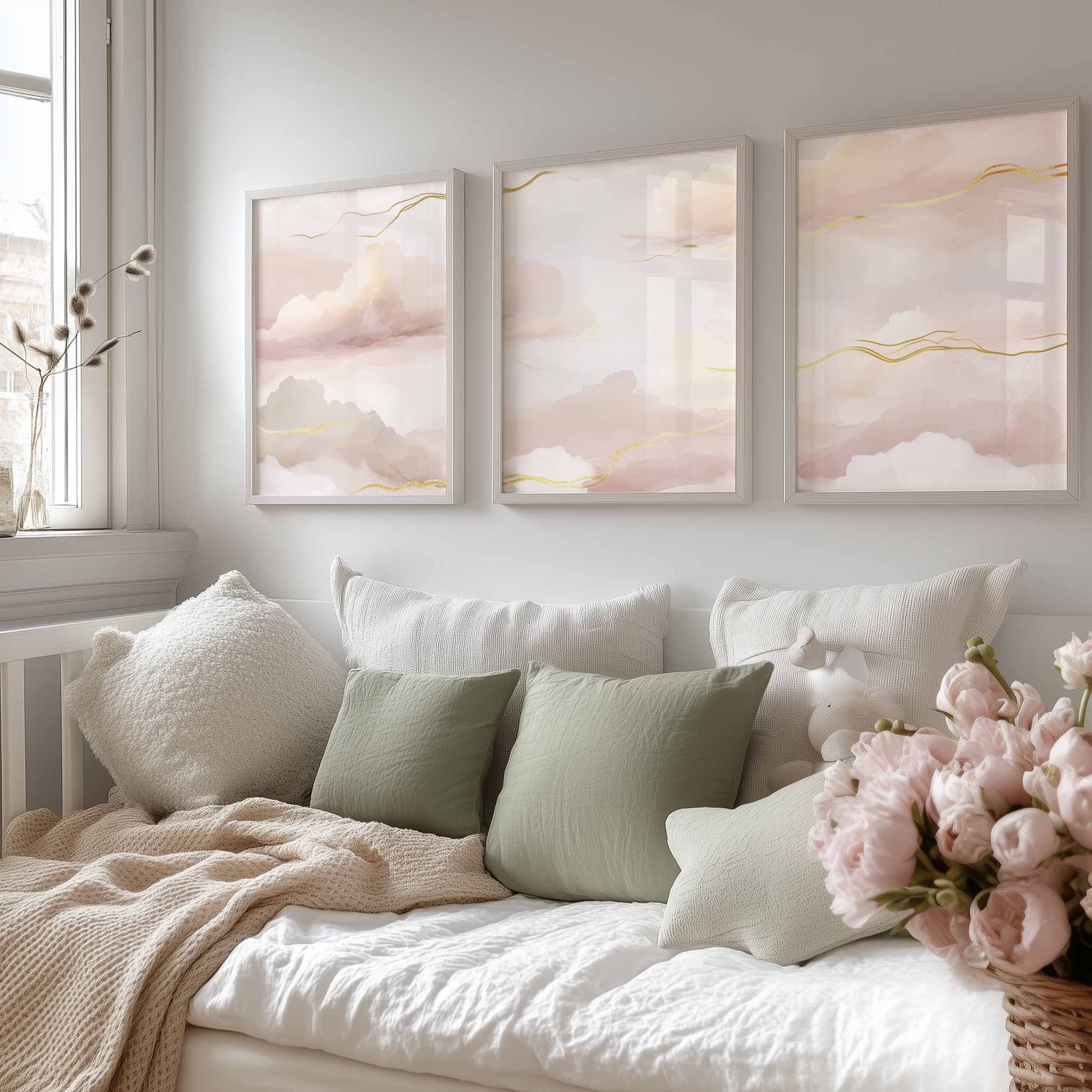 Roze Droomwolken met Gouden Strepen – Serene Wanddecoratie - Afbeelding 13