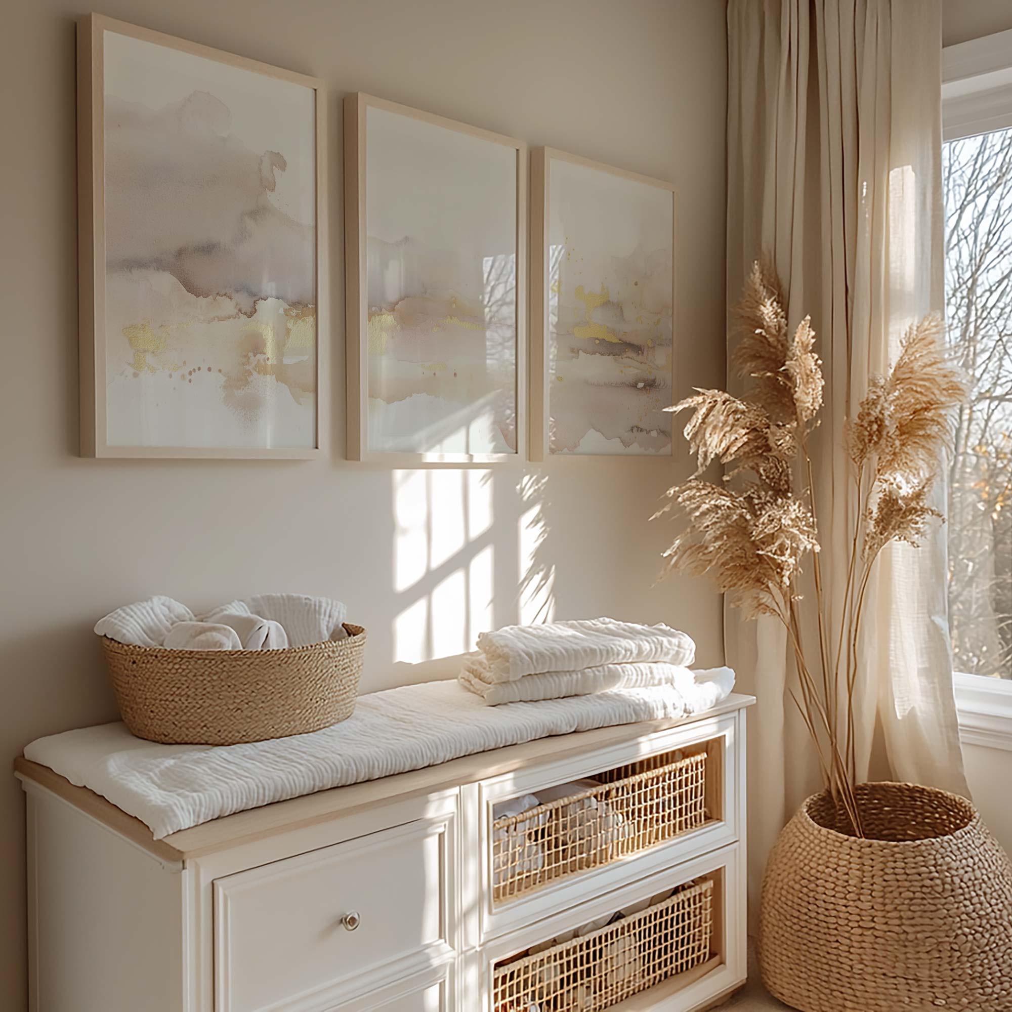 Pastel Dromen: Abstracte Waterverf in Goud en Beige - Afbeelding 3