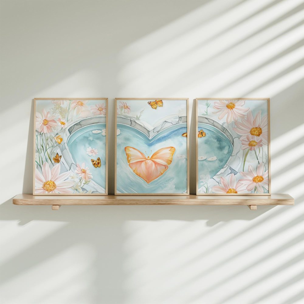 Betoverend hartvormig vijvertje met vlinder en bloemen