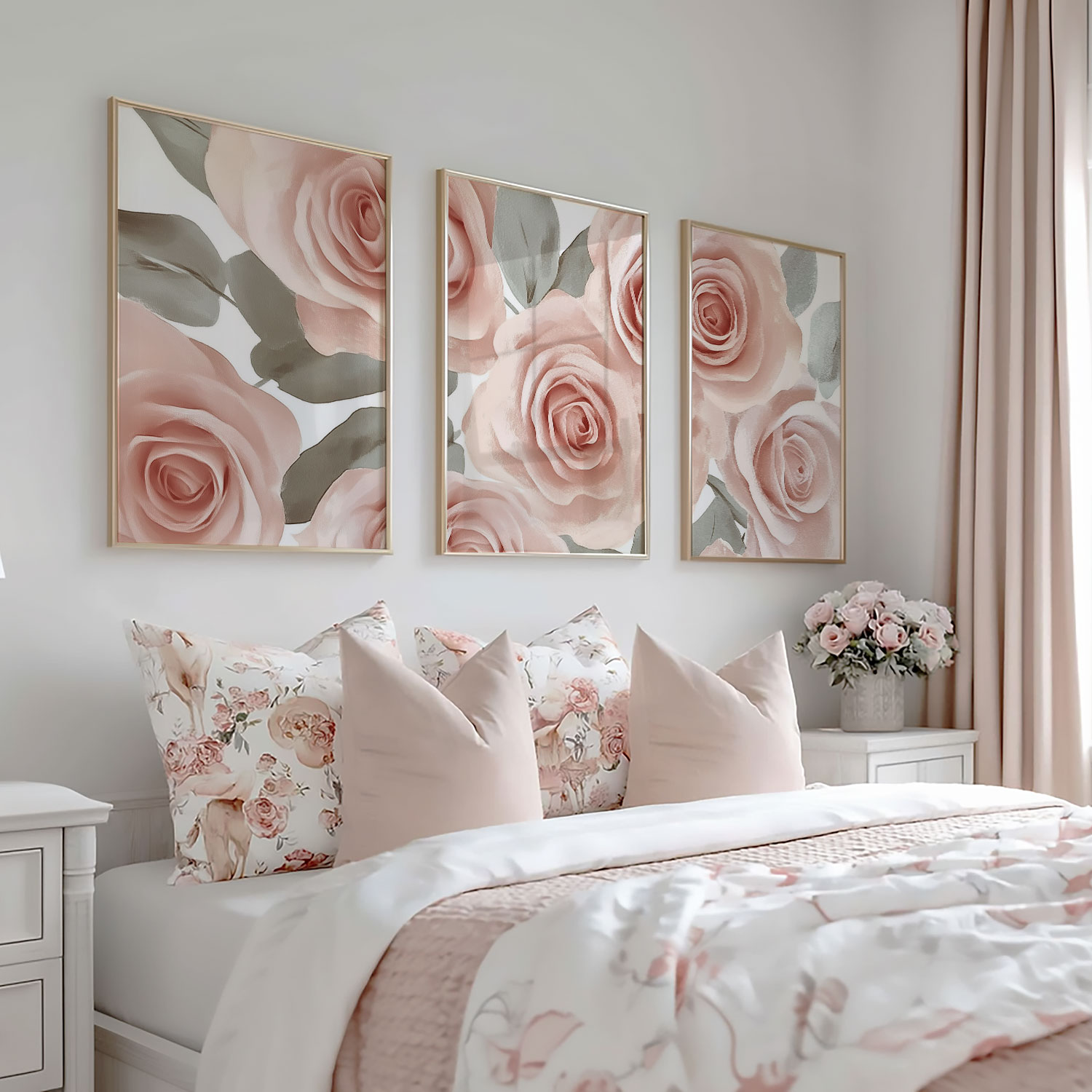 Zachtroze Rozenboeket met Fris Groen – Romantische Wanddecoratie - Afbeelding 5