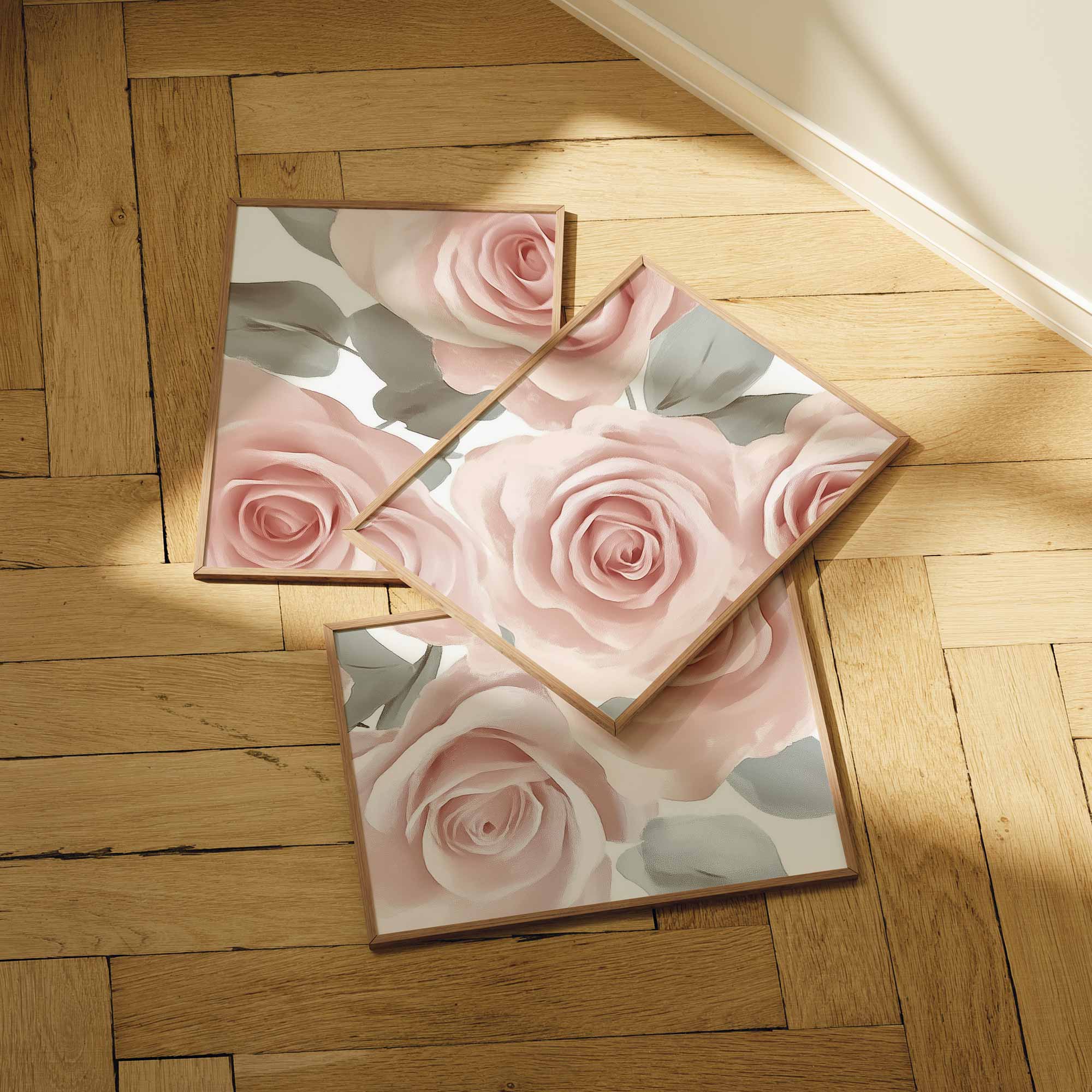Zachtroze Rozenboeket met Fris Groen – Romantische Wanddecoratie - Afbeelding 8