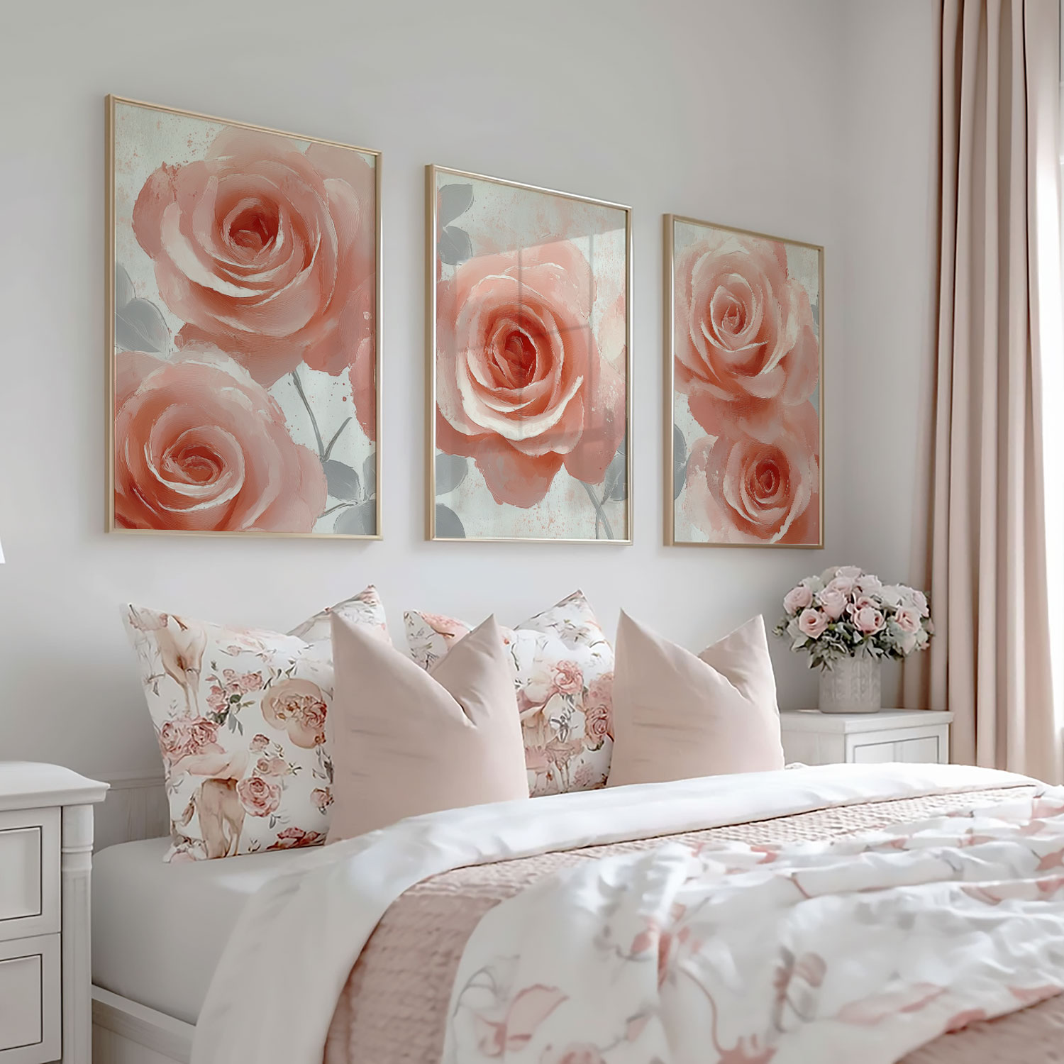 Roze Rozen in Dromerige Elegantie - Stijlvolle Wanddecoratie - Afbeelding 5