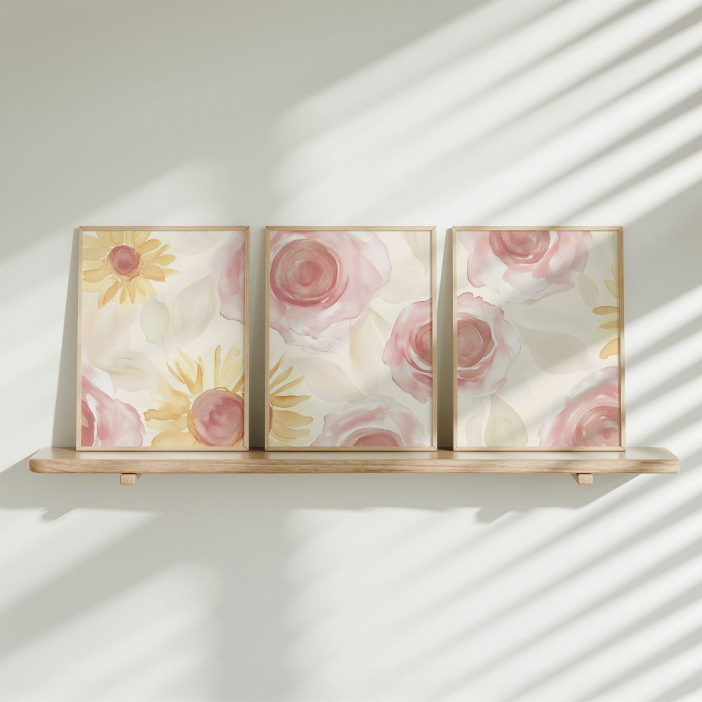 Zacht Watercolor Bloemenmotief in Roze en Geel