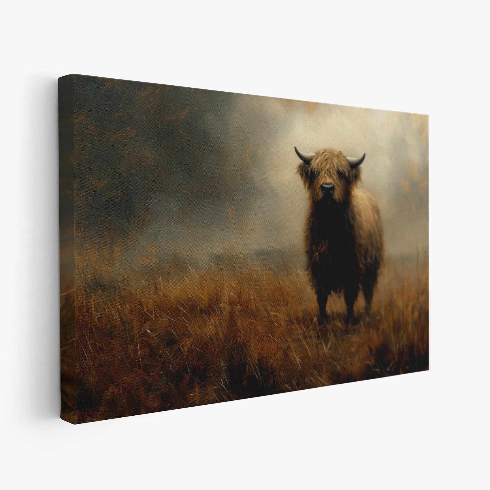 Realistisch schilderij van een Schotse hooglander
