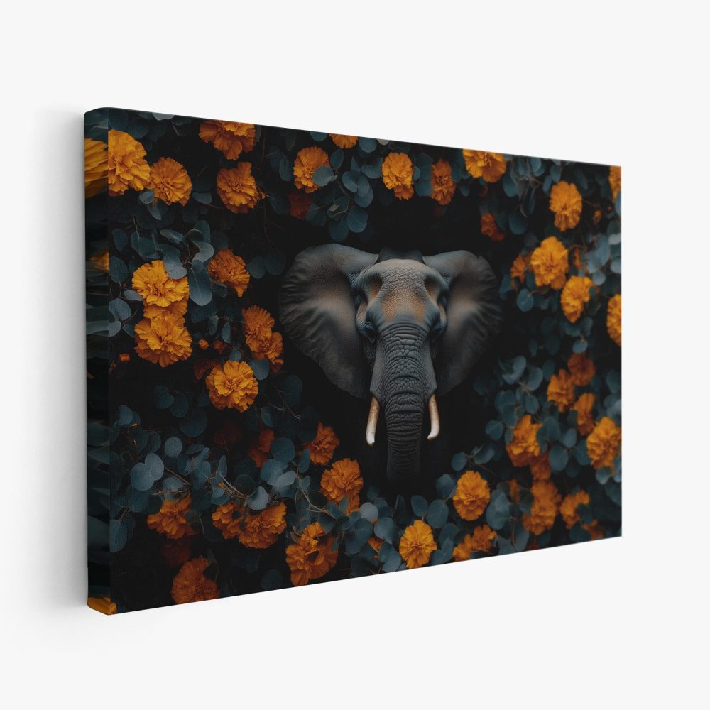 Grijze olifant tussen oranje bloemen