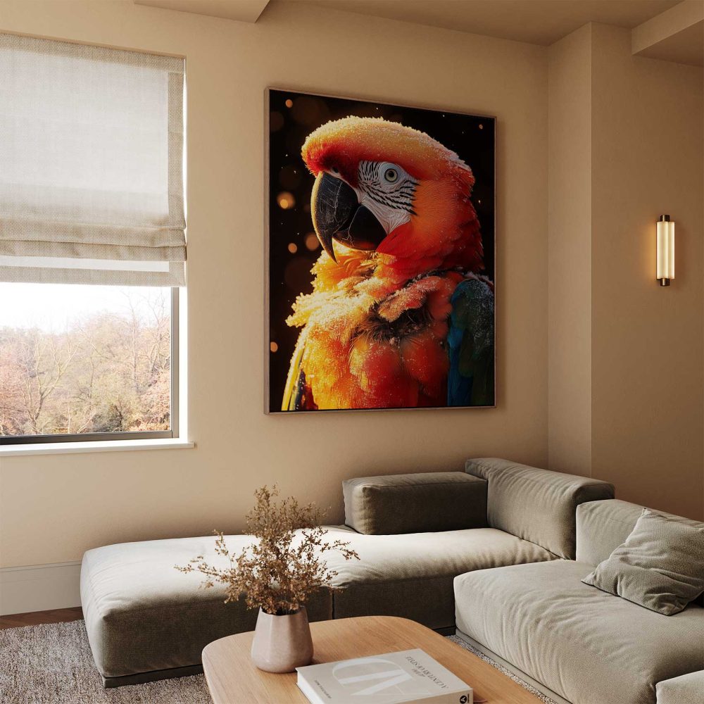 Alternative view of Felgekleurde papegaai op donkere achtergrond