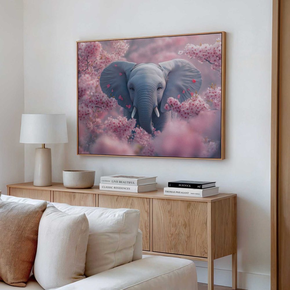 Alternative view of Grijze olifant tussen roze bloemen