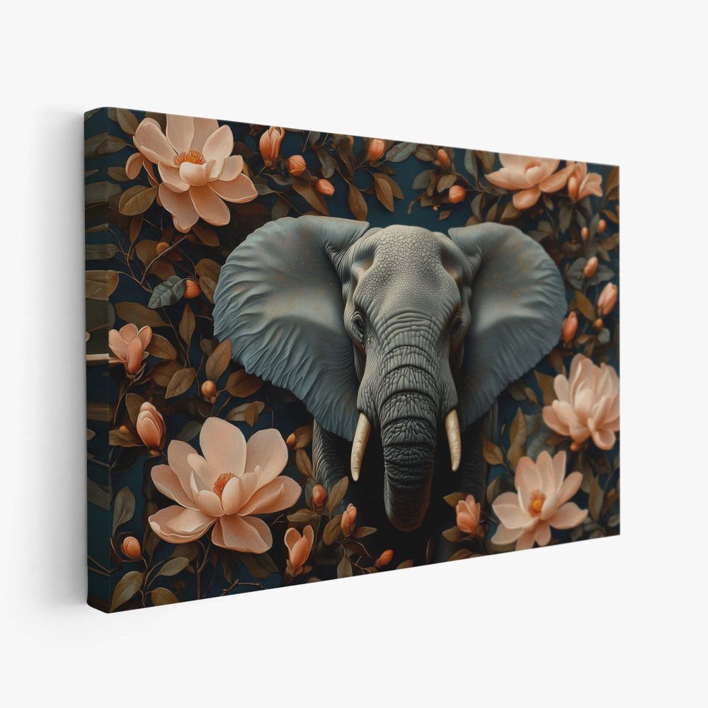 Grijze olifant tussen roze bloemen