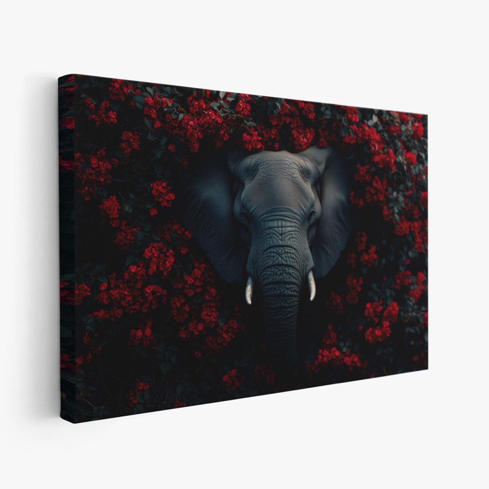 Grijze olifant tussen rode bloemen