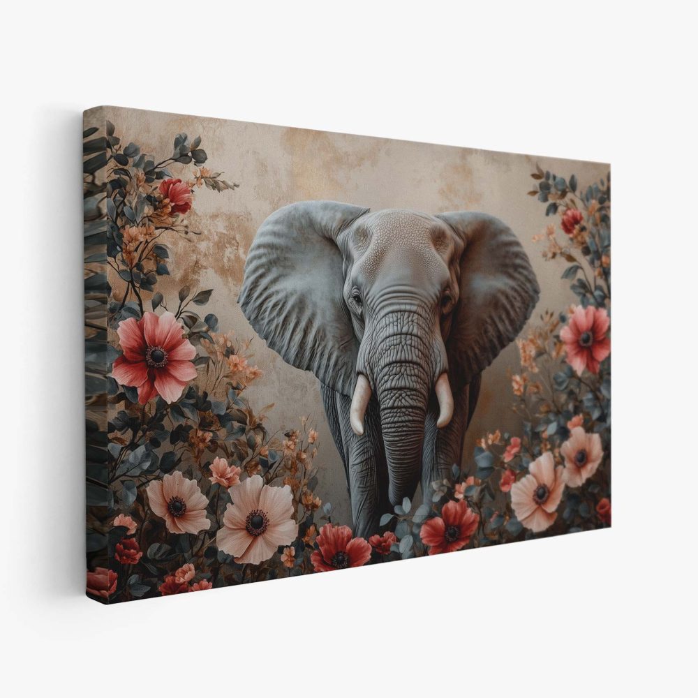 Grijze olifant tussen bloemenpracht