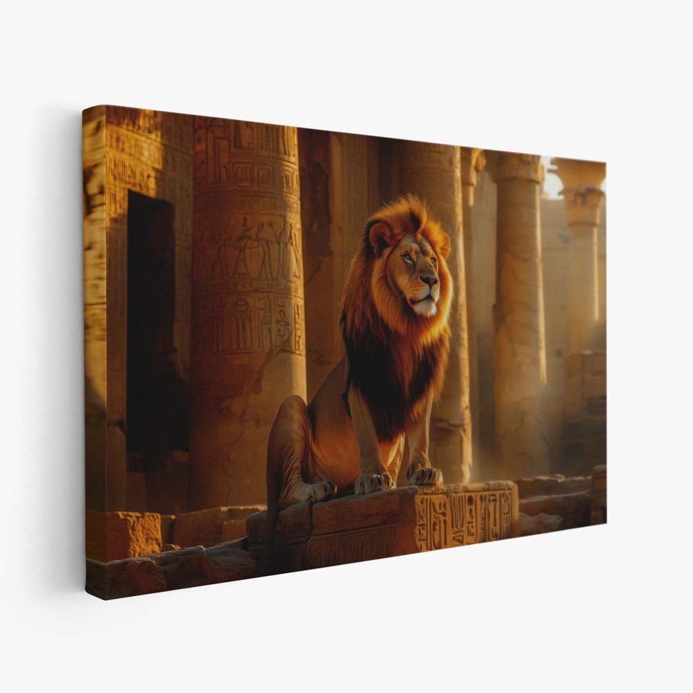 Majestueuze leeuw bij Egyptische tempel