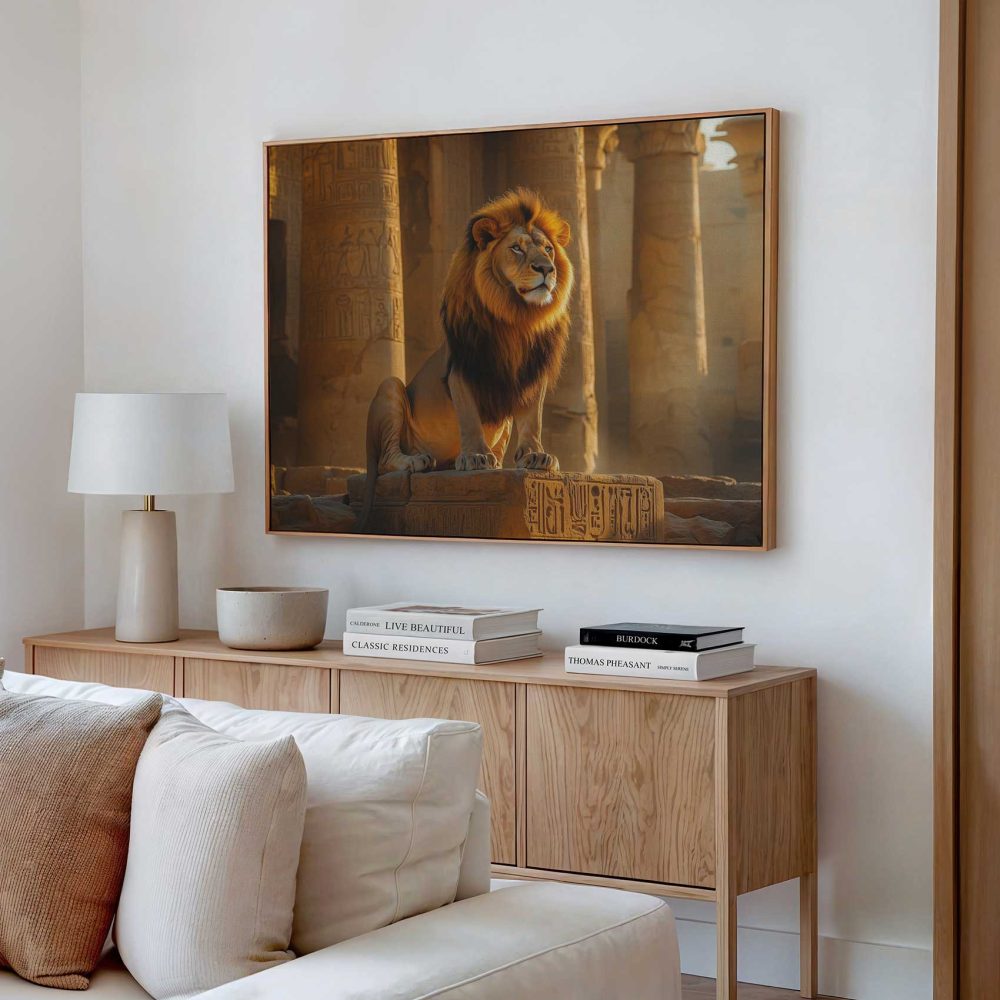 Alternative view of Majestueuze leeuw bij Egyptische tempel