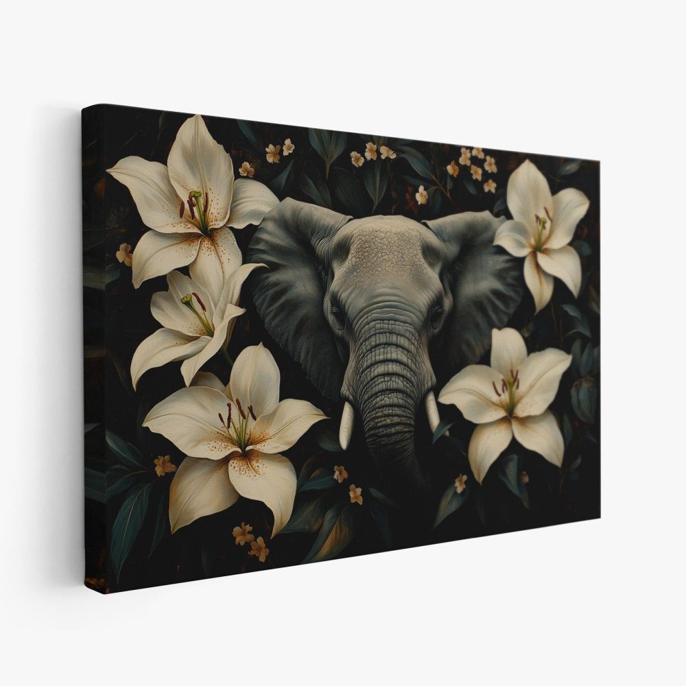 Grijze olifant tussen bloemen