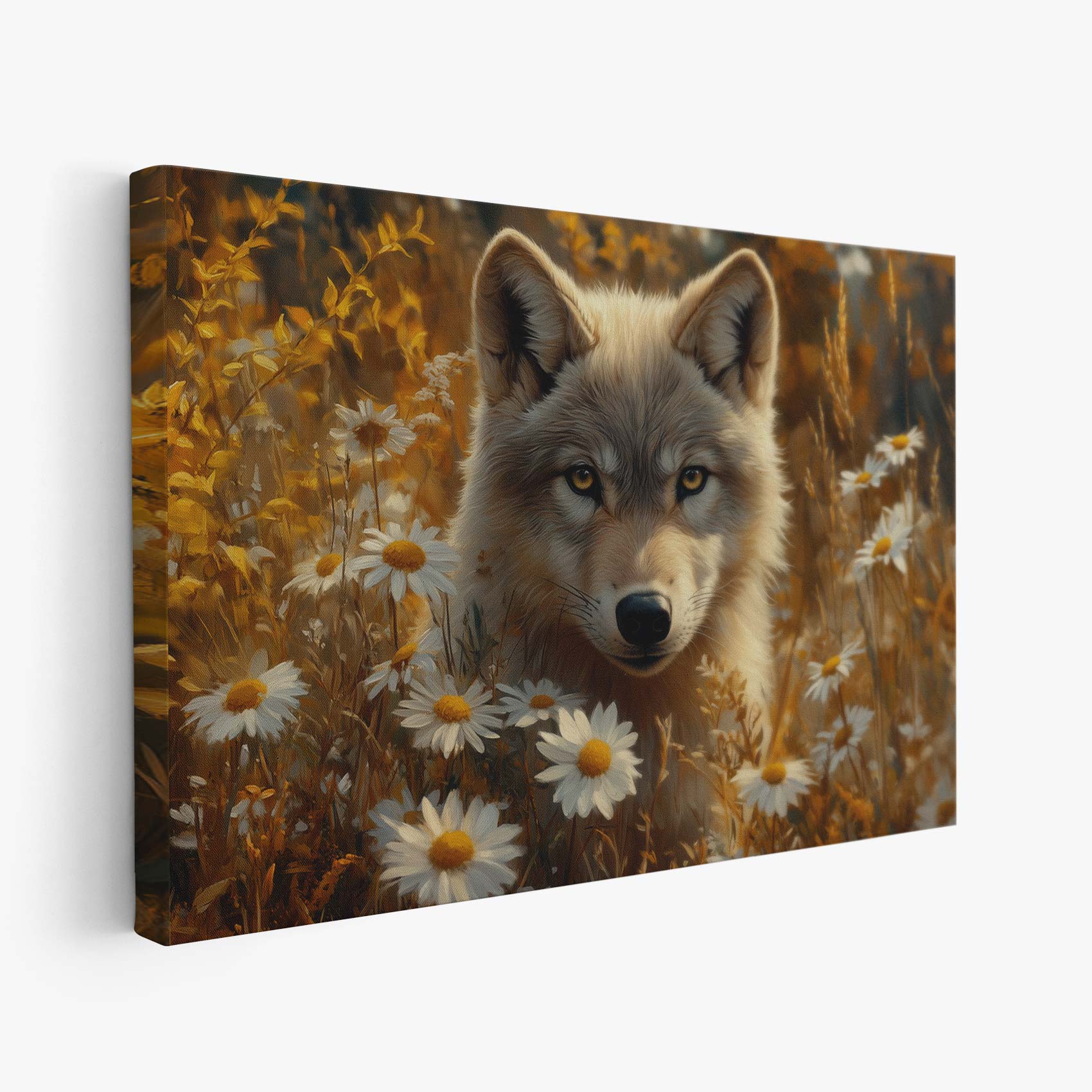 Wolf tussen gele bloemen