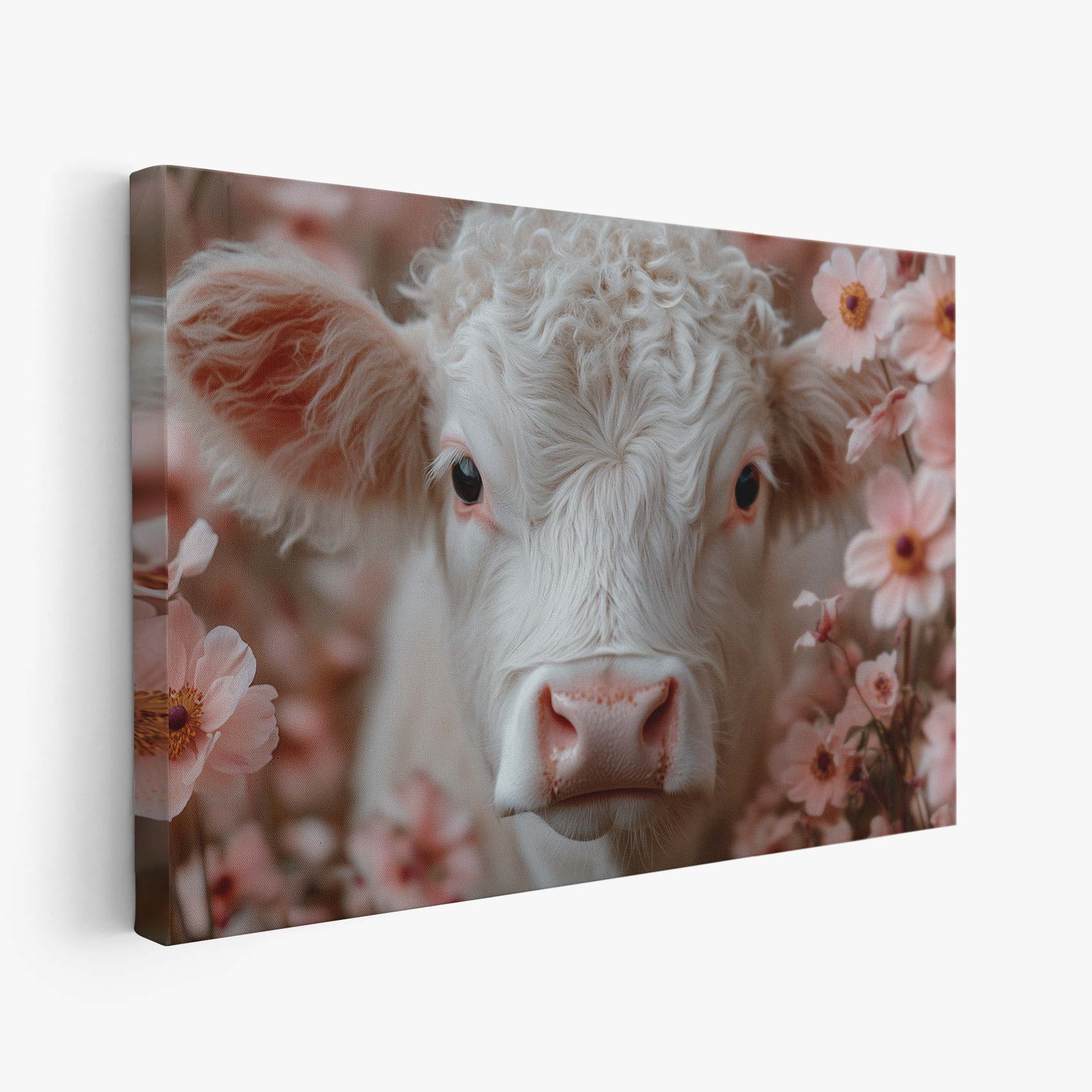 Schattig krulhaarkoe tussen roze bloemen