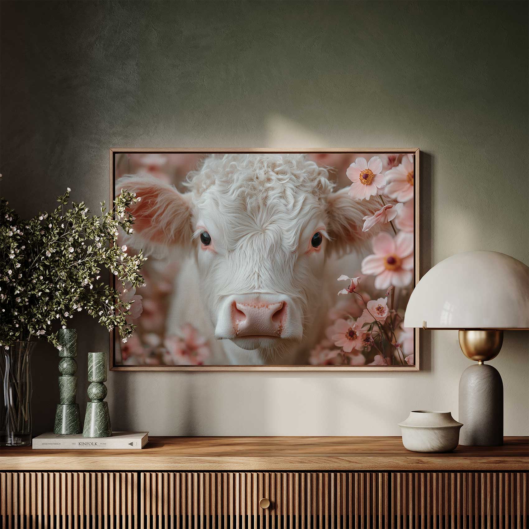 Schattig krulhaarkoe tussen roze bloemen - Afbeelding 7