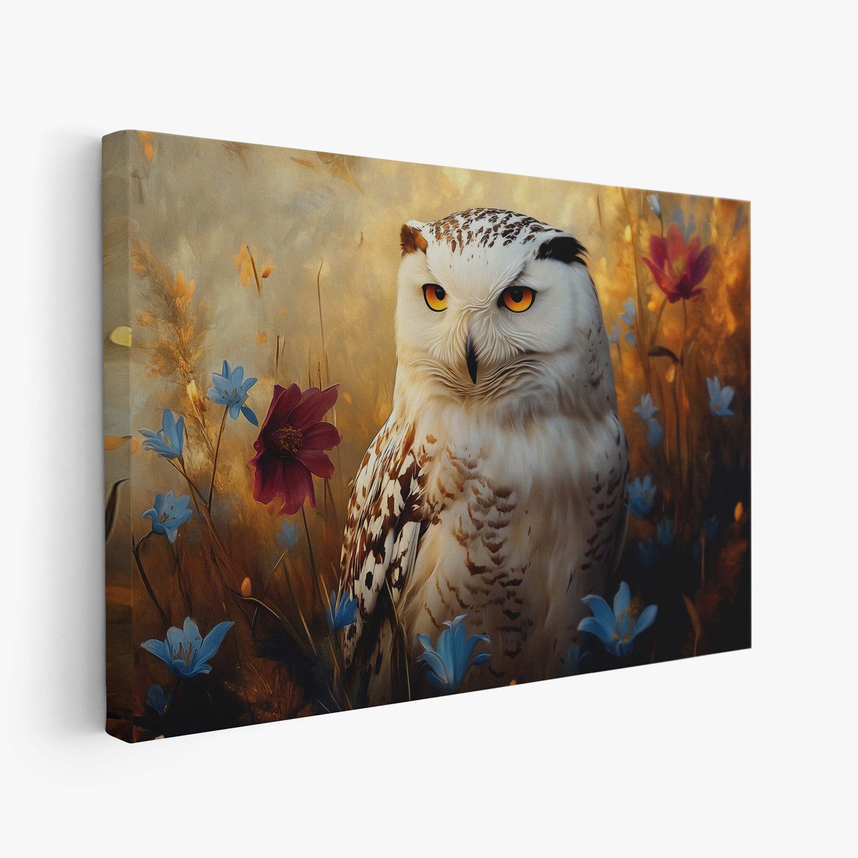 Witte uil tussen blauwe bloemen
