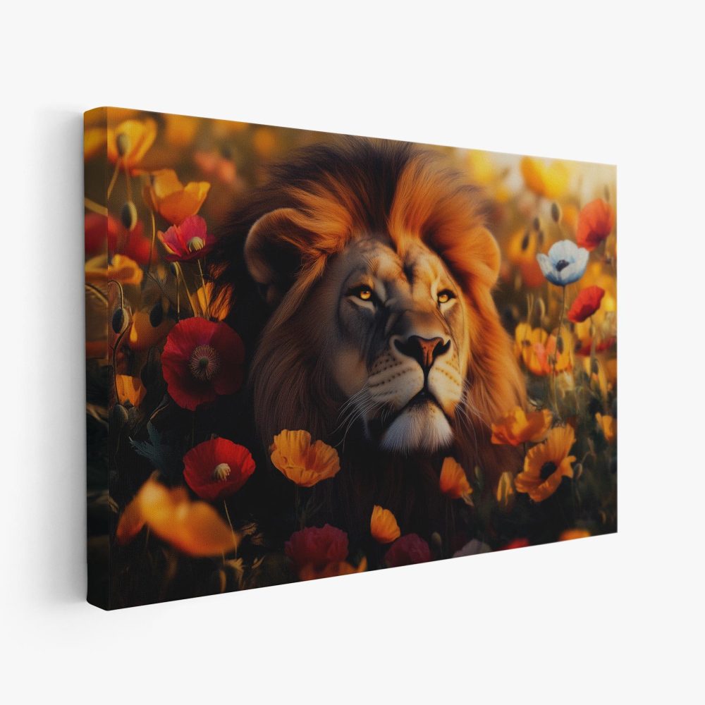 Gouden leeuw in bloemenveld