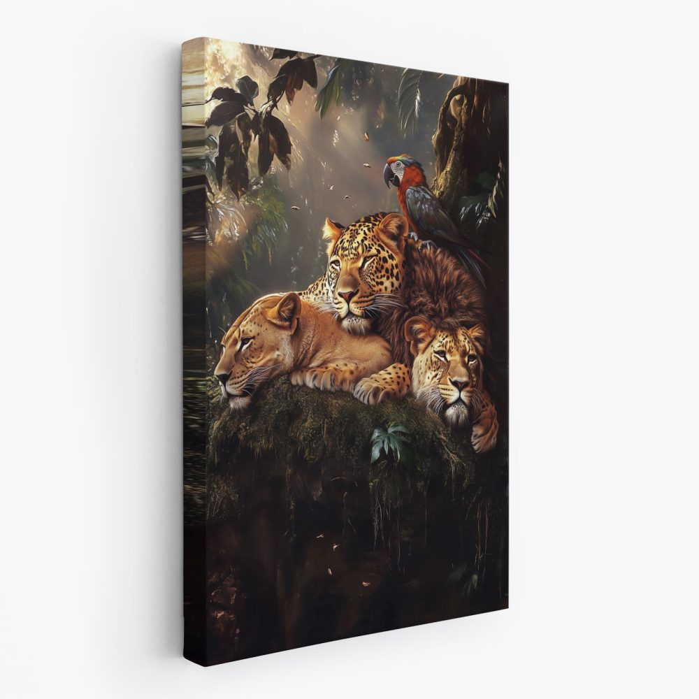 Drie leeuwen met junglepapegaai