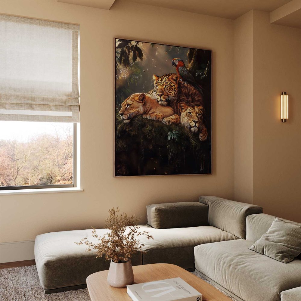 Alternative view of Drie leeuwen met junglepapegaai