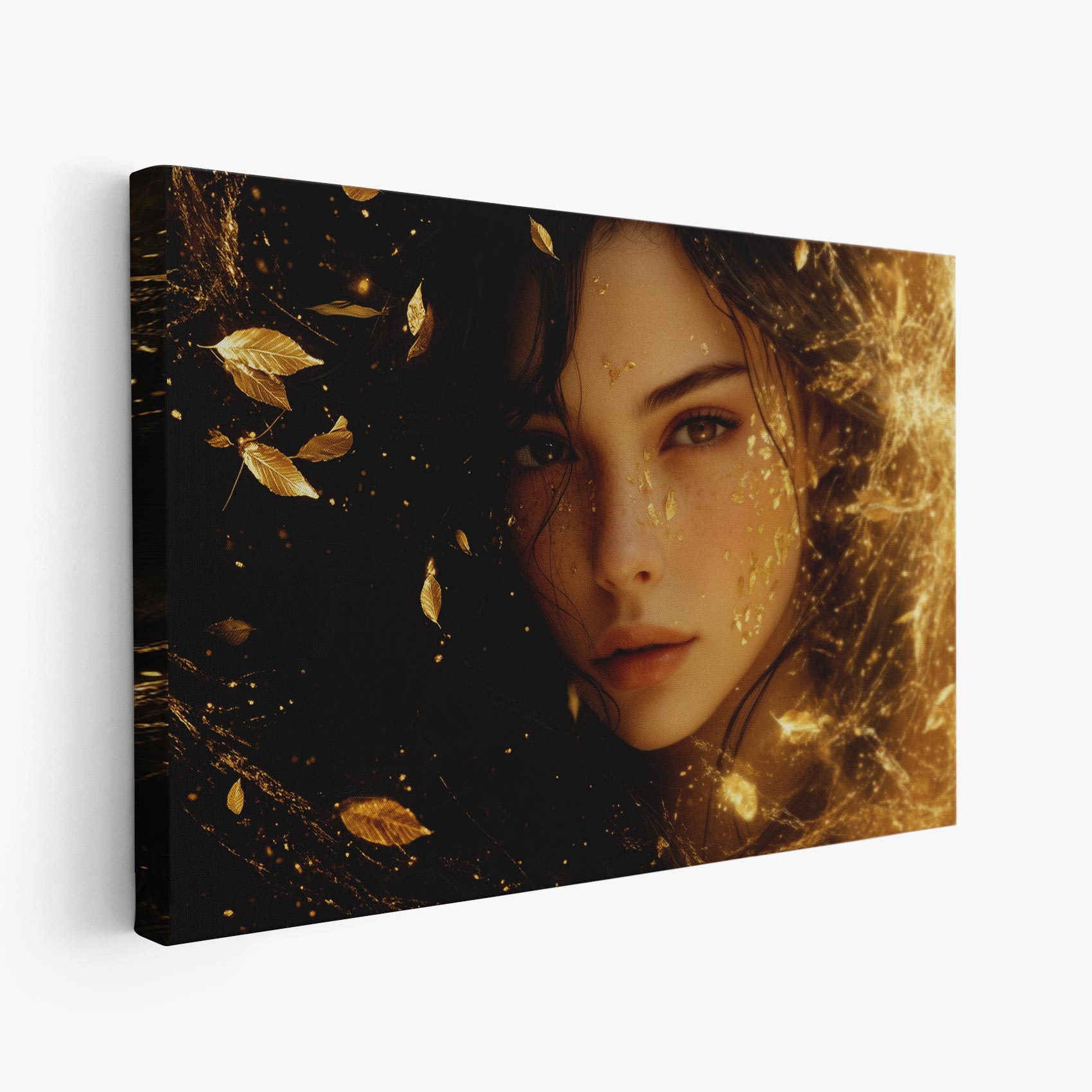 Elegante vrouw tussen gouden bladeren