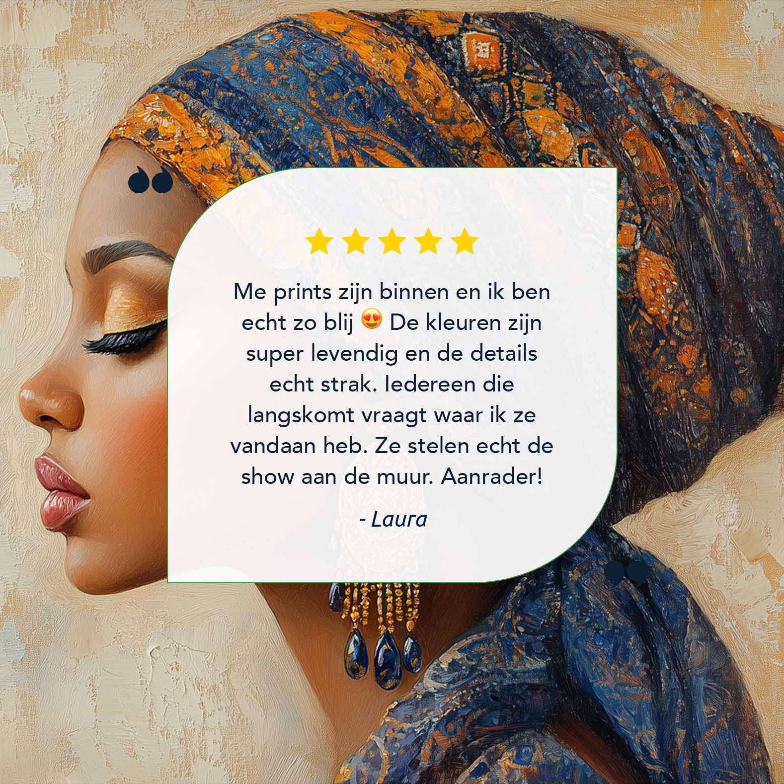 Elegante vrouw met blauw-gouden hoofddoek - Afbeelding 9