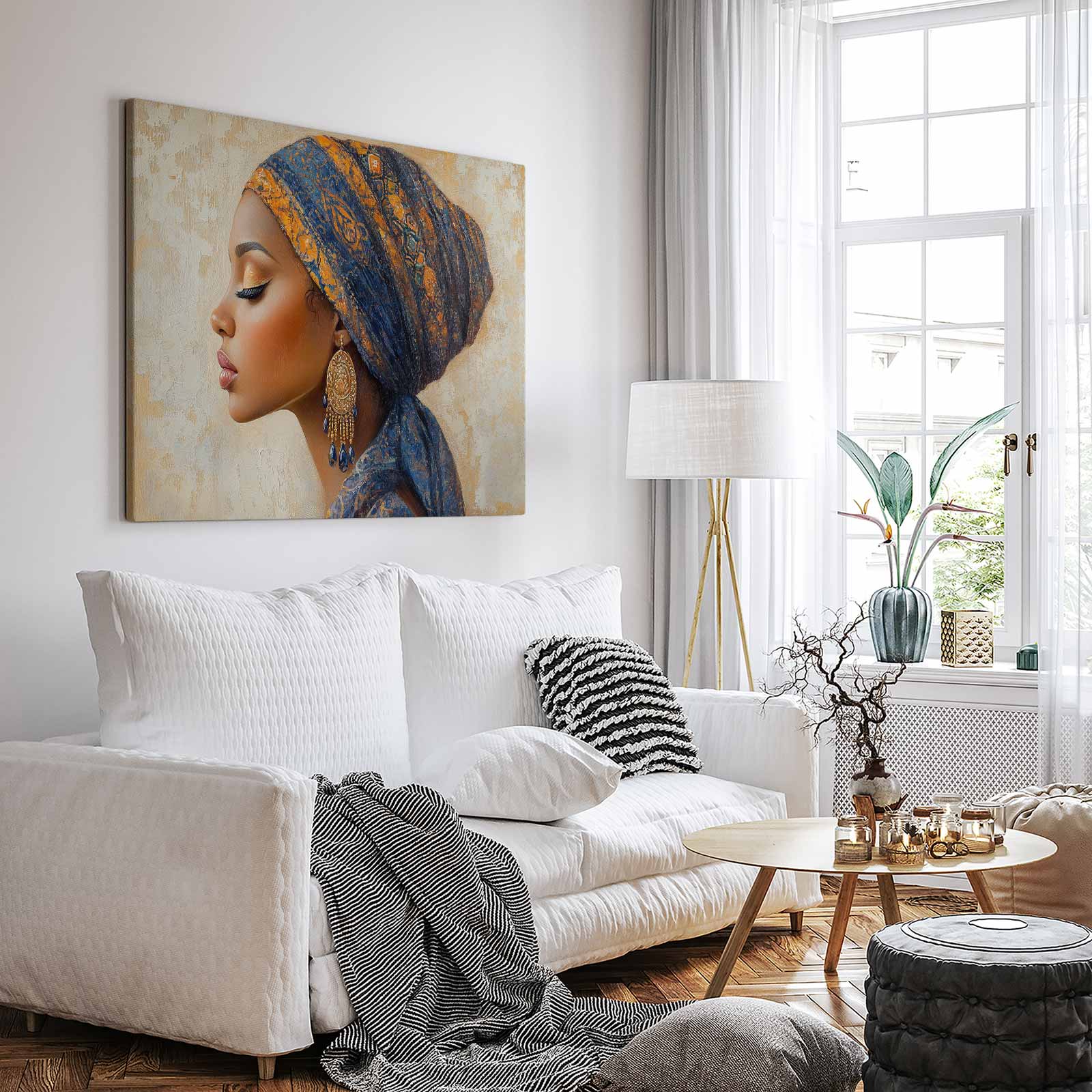 Elegante vrouw met blauw-gouden hoofddoek - Afbeelding 3