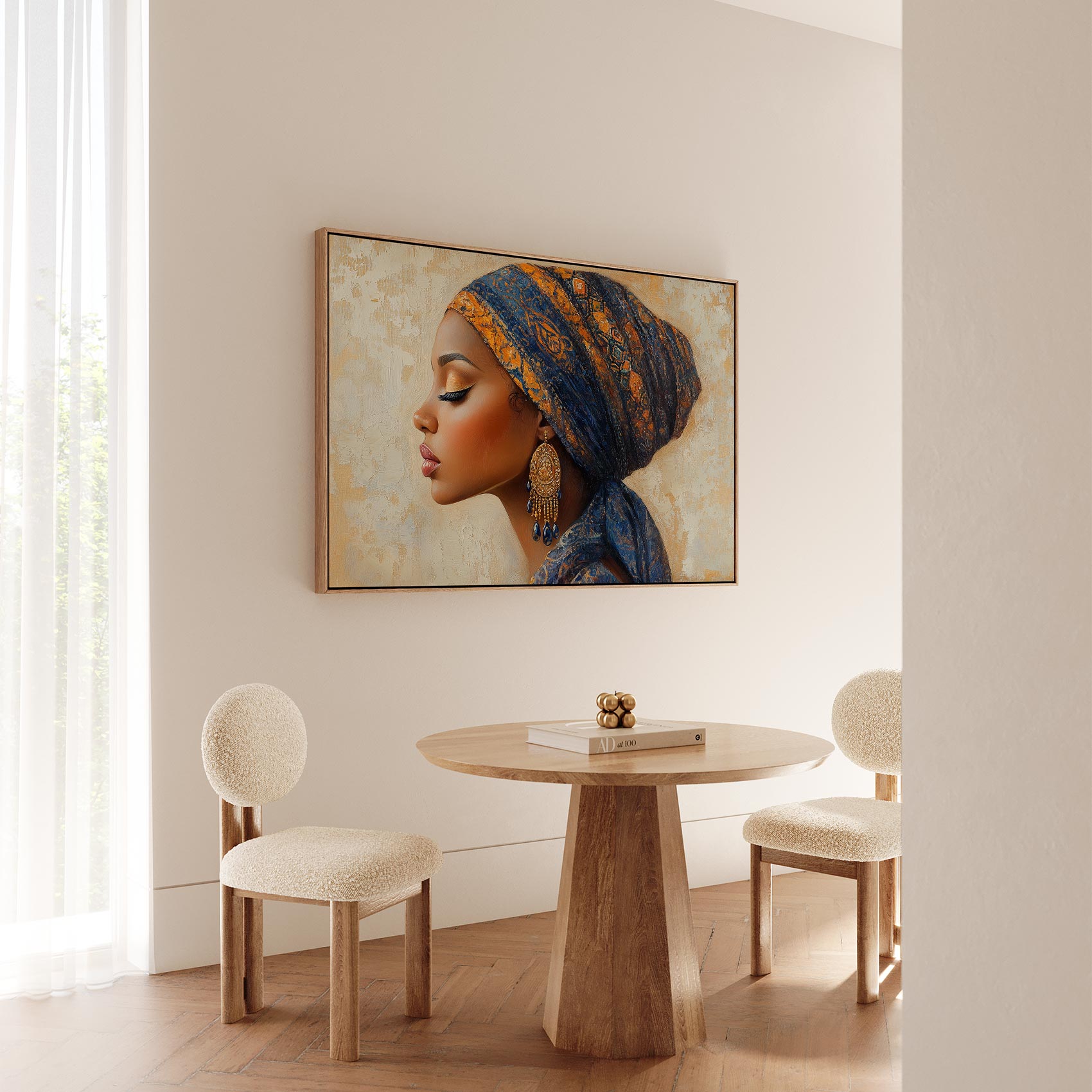 Elegante vrouw met blauw-gouden hoofddoek - Afbeelding 5