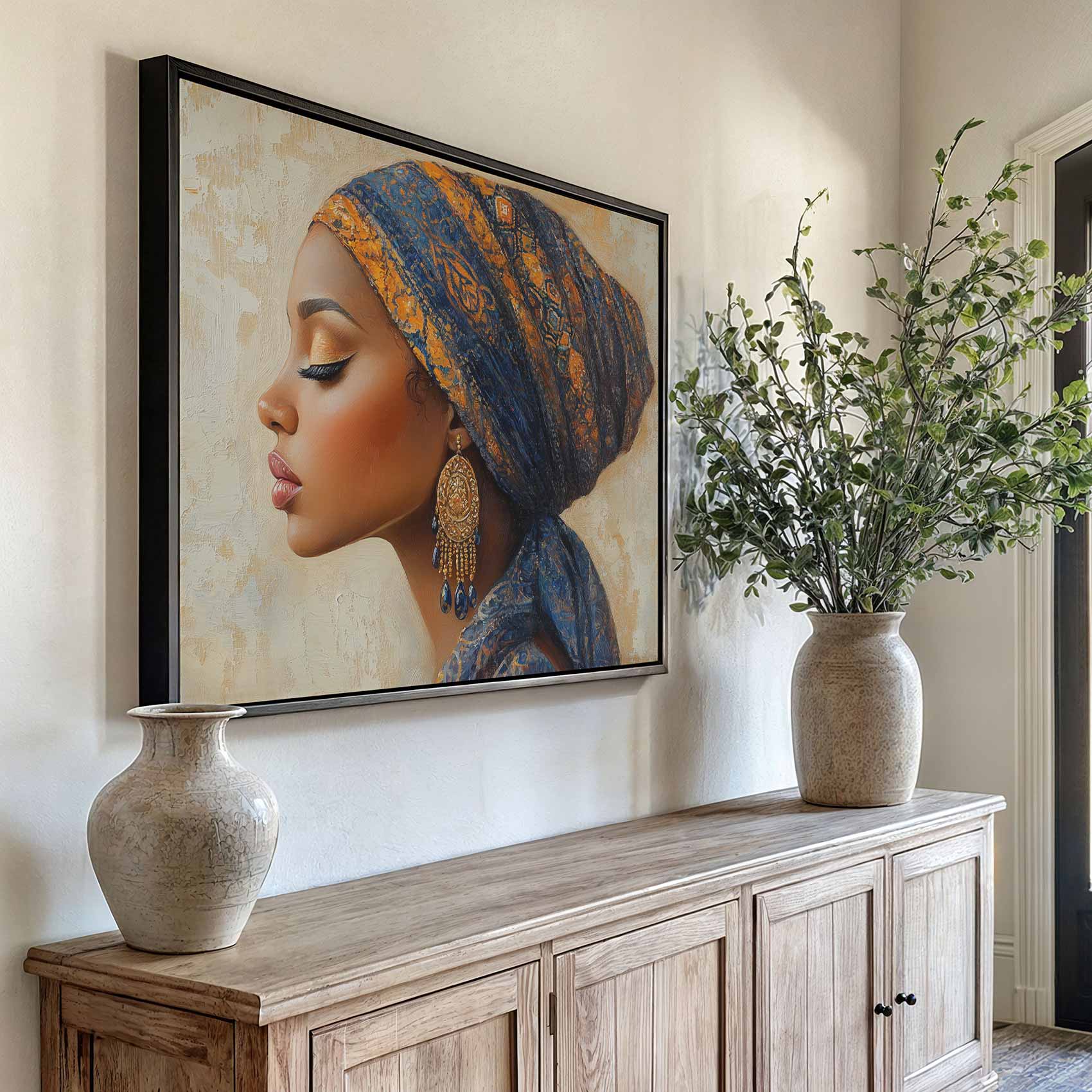Elegante vrouw met blauw-gouden hoofddoek - Afbeelding 6