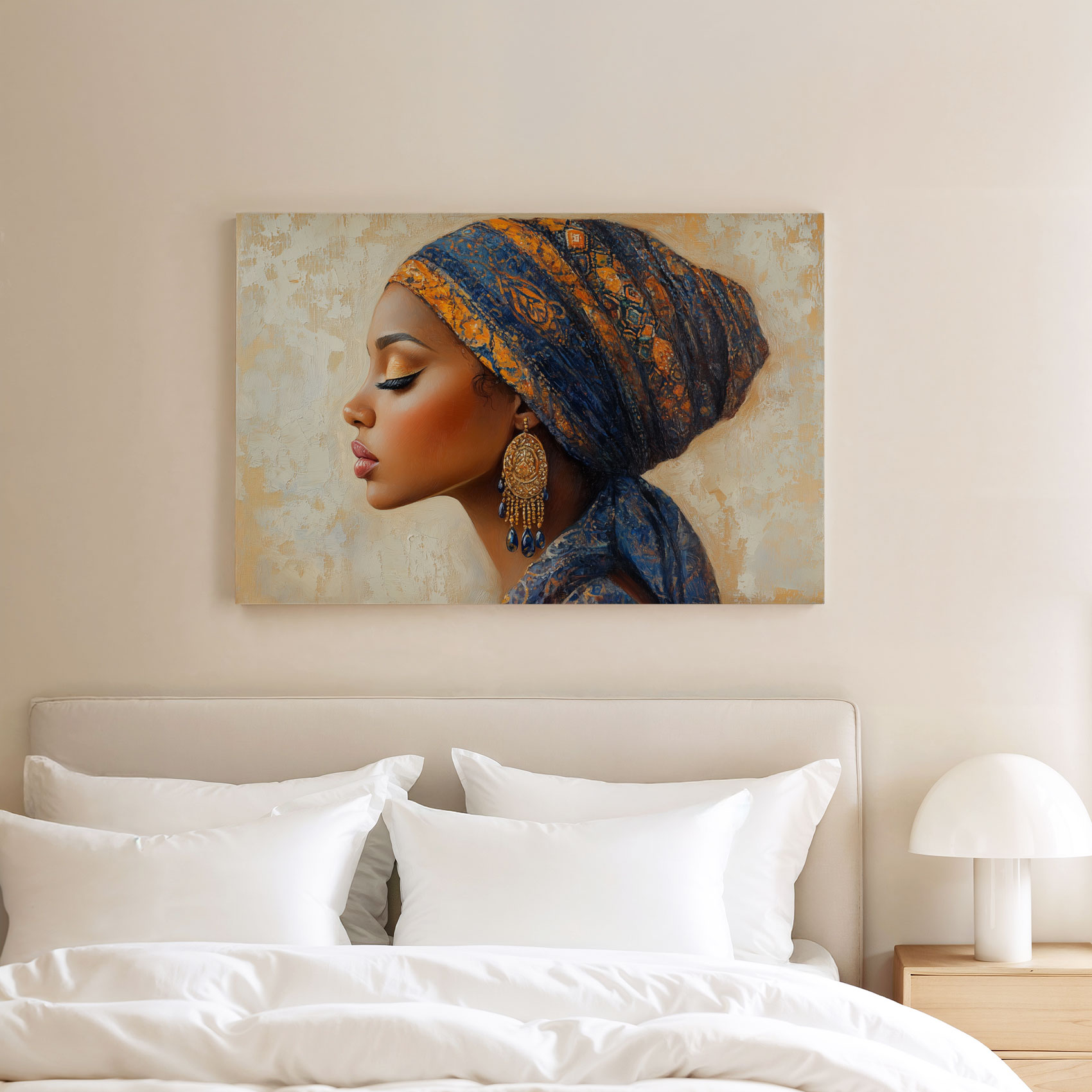 Elegante vrouw met blauw-gouden hoofddoek - Afbeelding 8