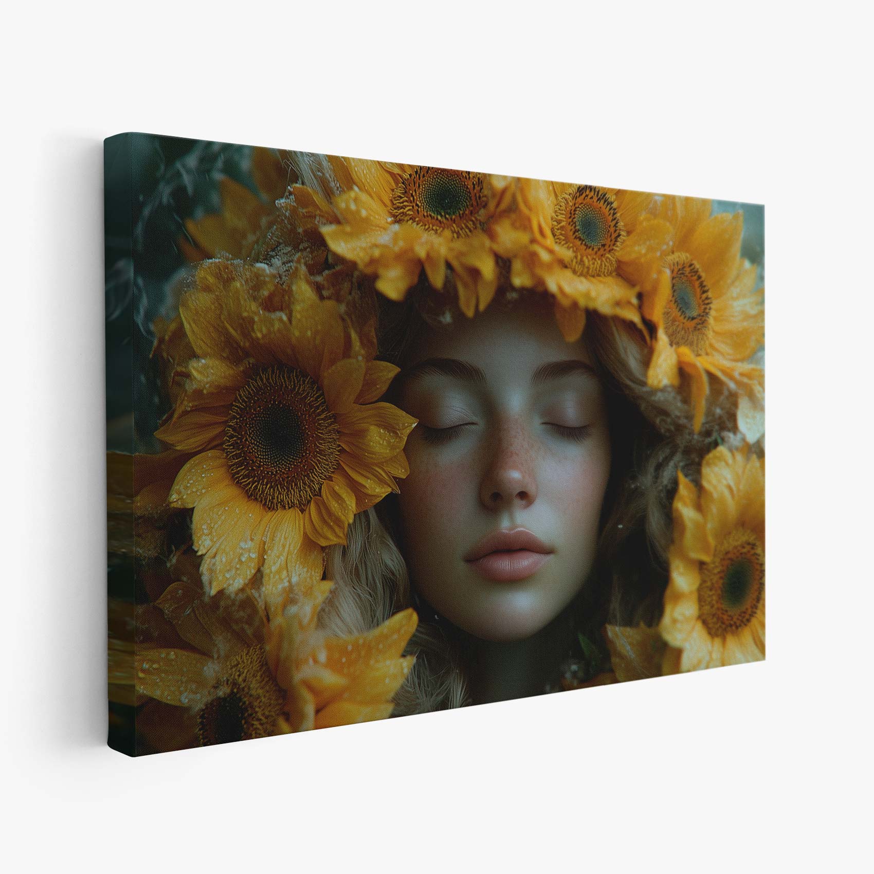 Vrouw omringd door zonnebloemen
