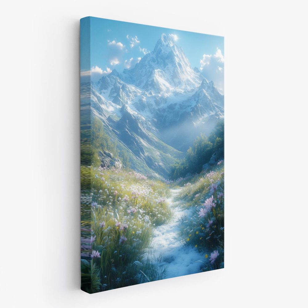 Besneeuwde bergvallei met bloemen