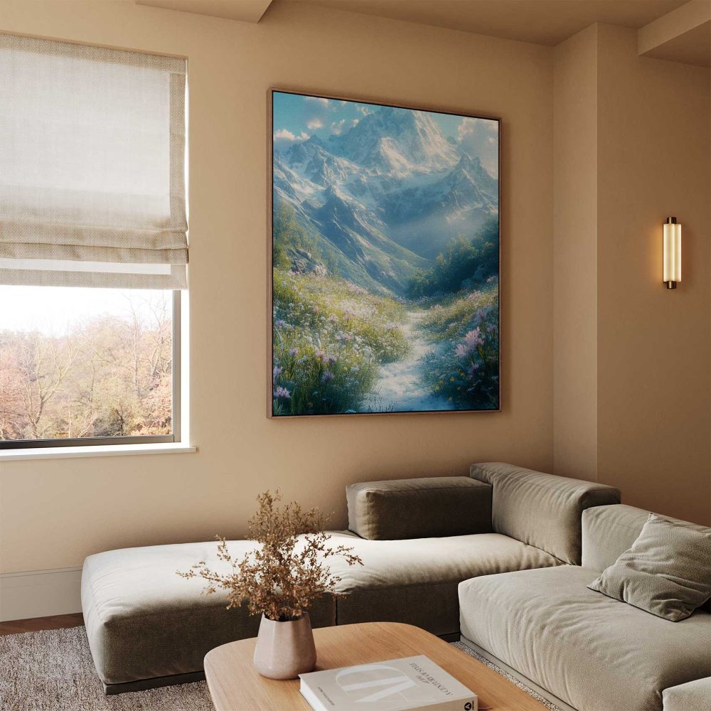 Alternative view of Besneeuwde bergvallei met bloemen